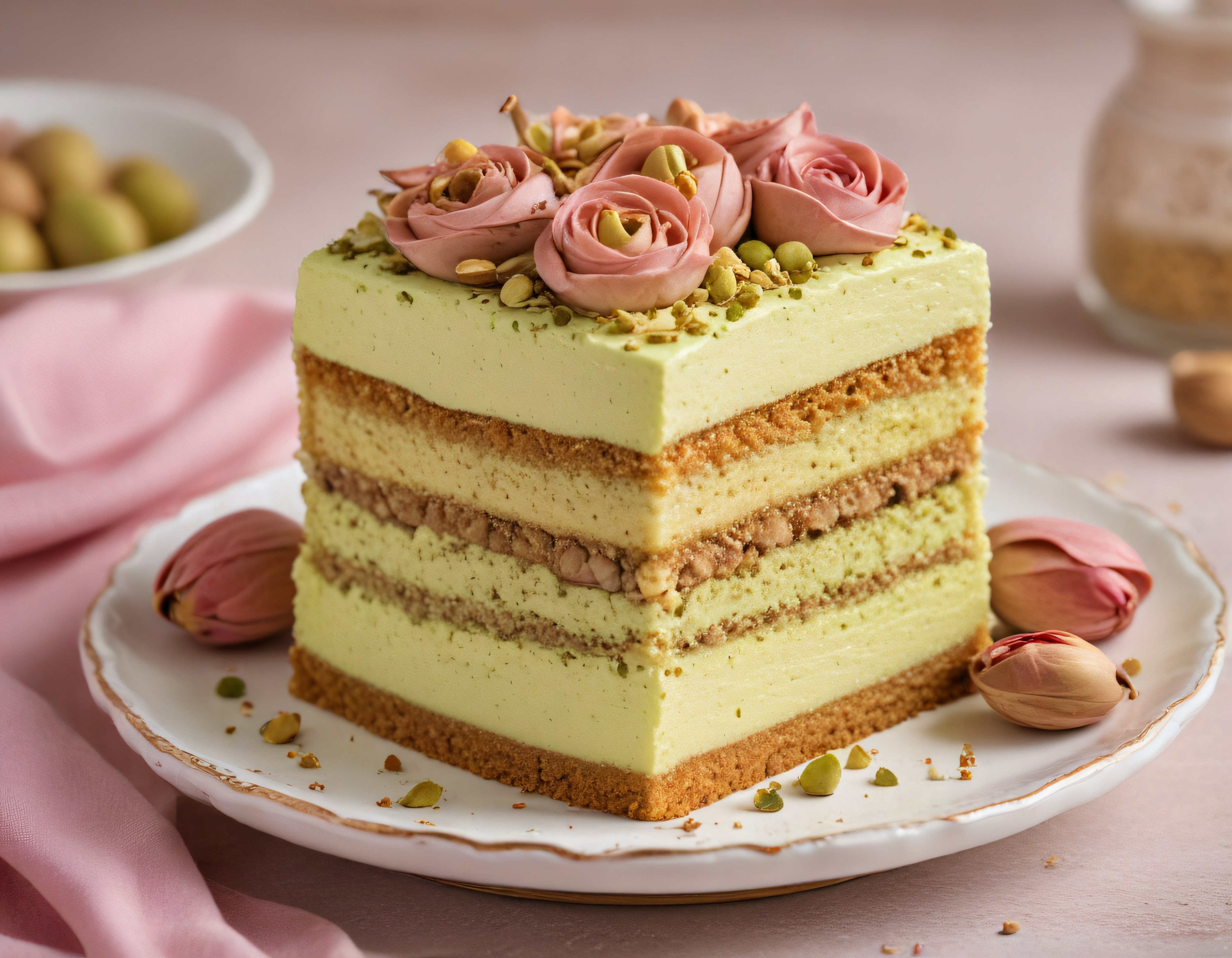 Butik Fıstıklı Katlı Pasta ve Pembe Gül Süslemeleriyle Sunum