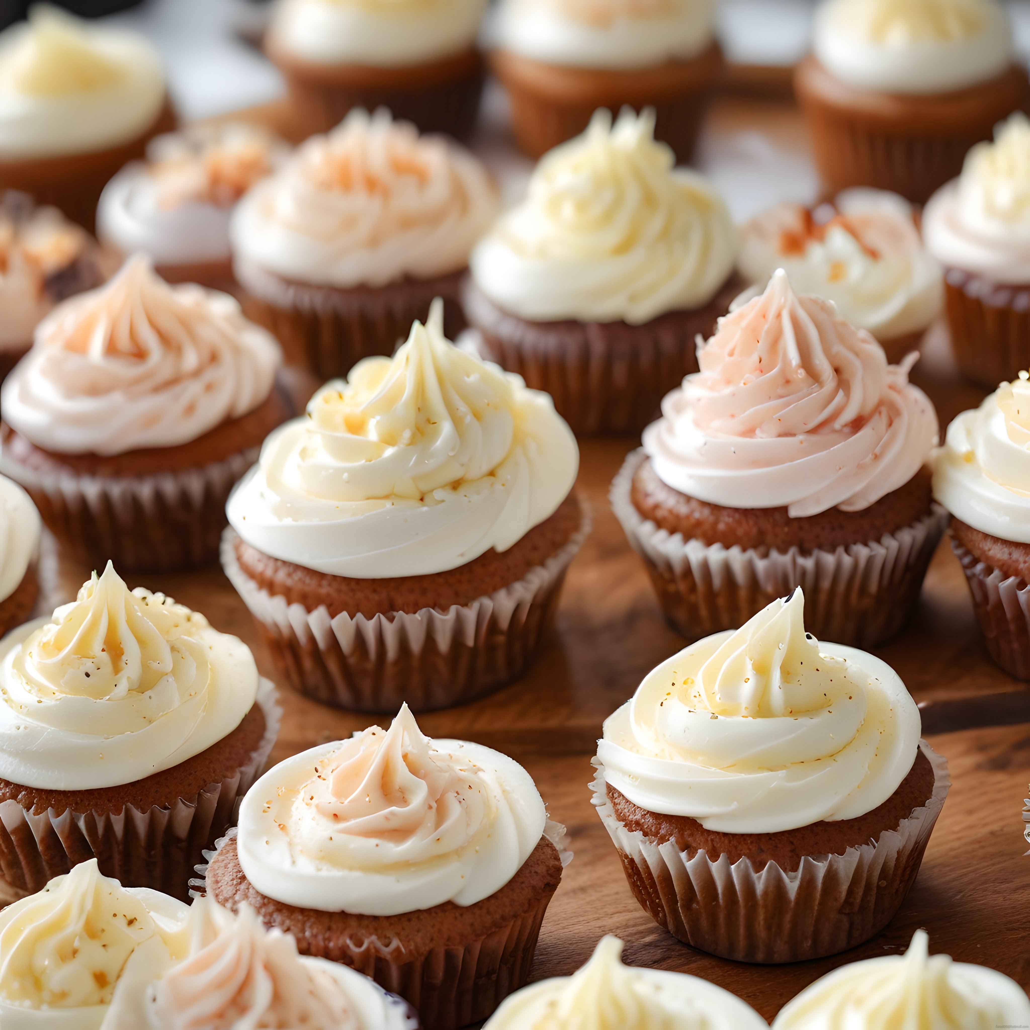 Butik Kremalı Cupcake'ler: Ahşap Sunum Üzerinde Renkli Tatlı Muffinler