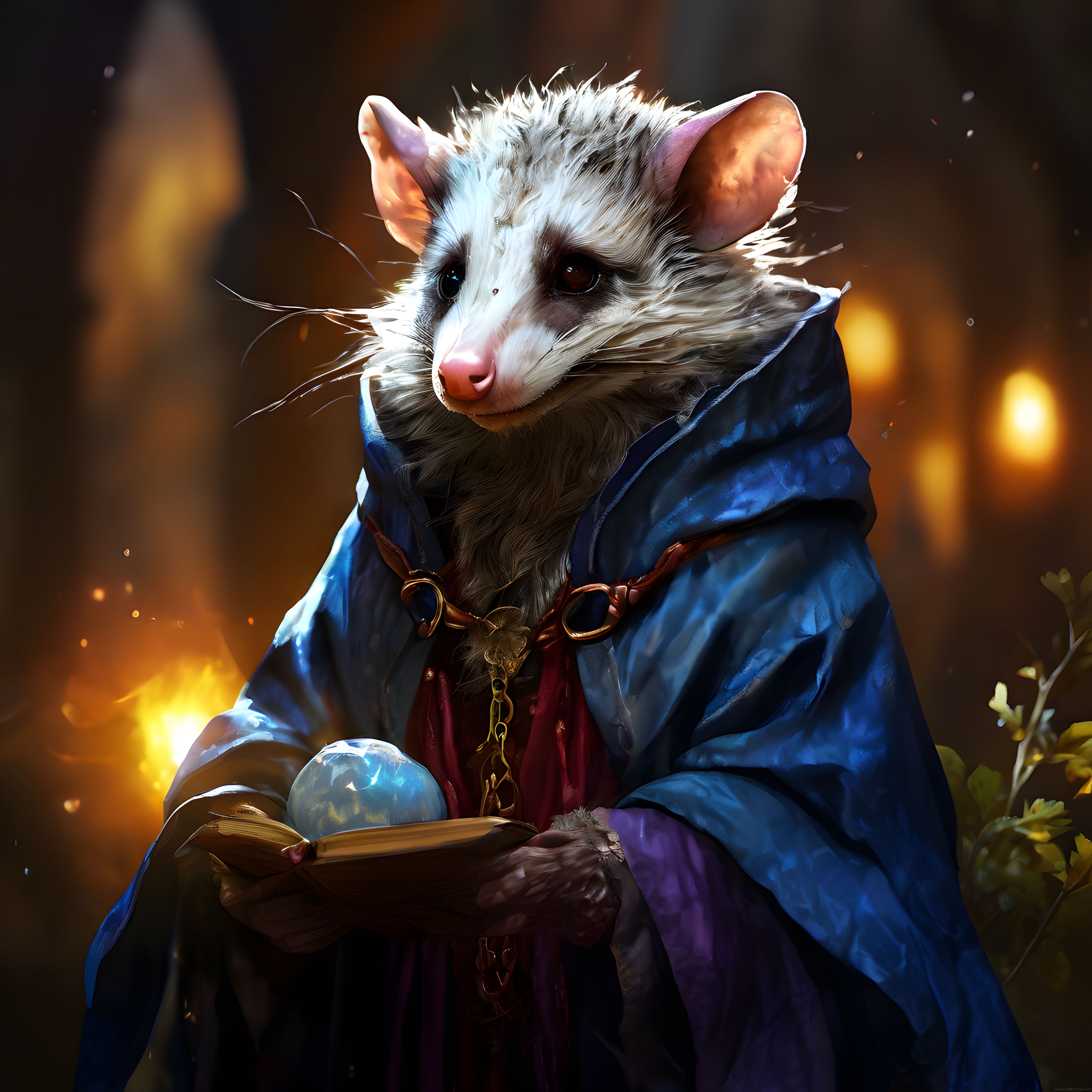 Büyücü opossum, eski kitap ve ışıldayan küreyle fantastik dijital illüstrasyon