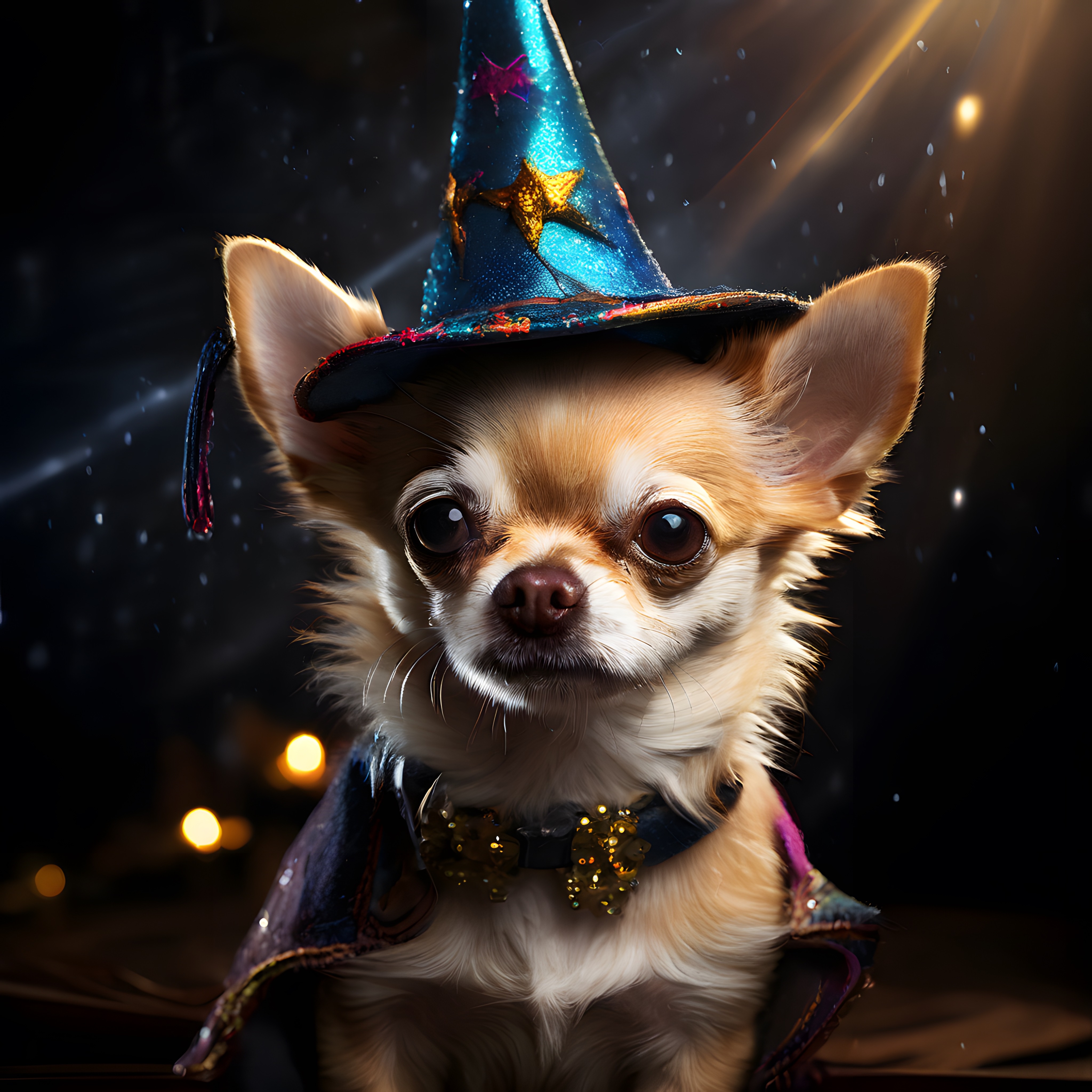 Büyücü şapkası takmış küçük bir Chihuahua köpeği