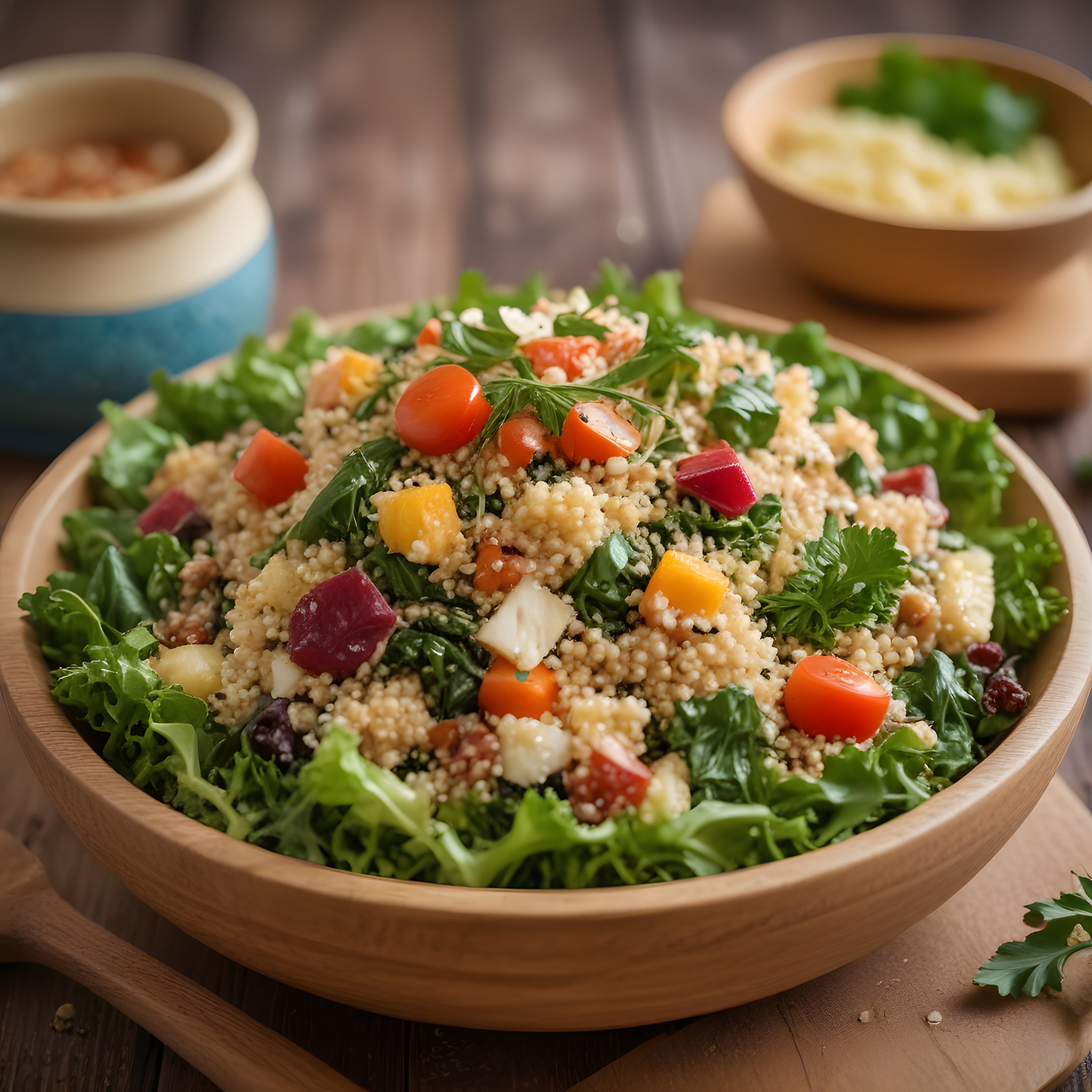 Büyük ahşap kapta kinoa salatası, renkli sebzeler ve yeşilliklerle hazırlanmış hafif alternatif
