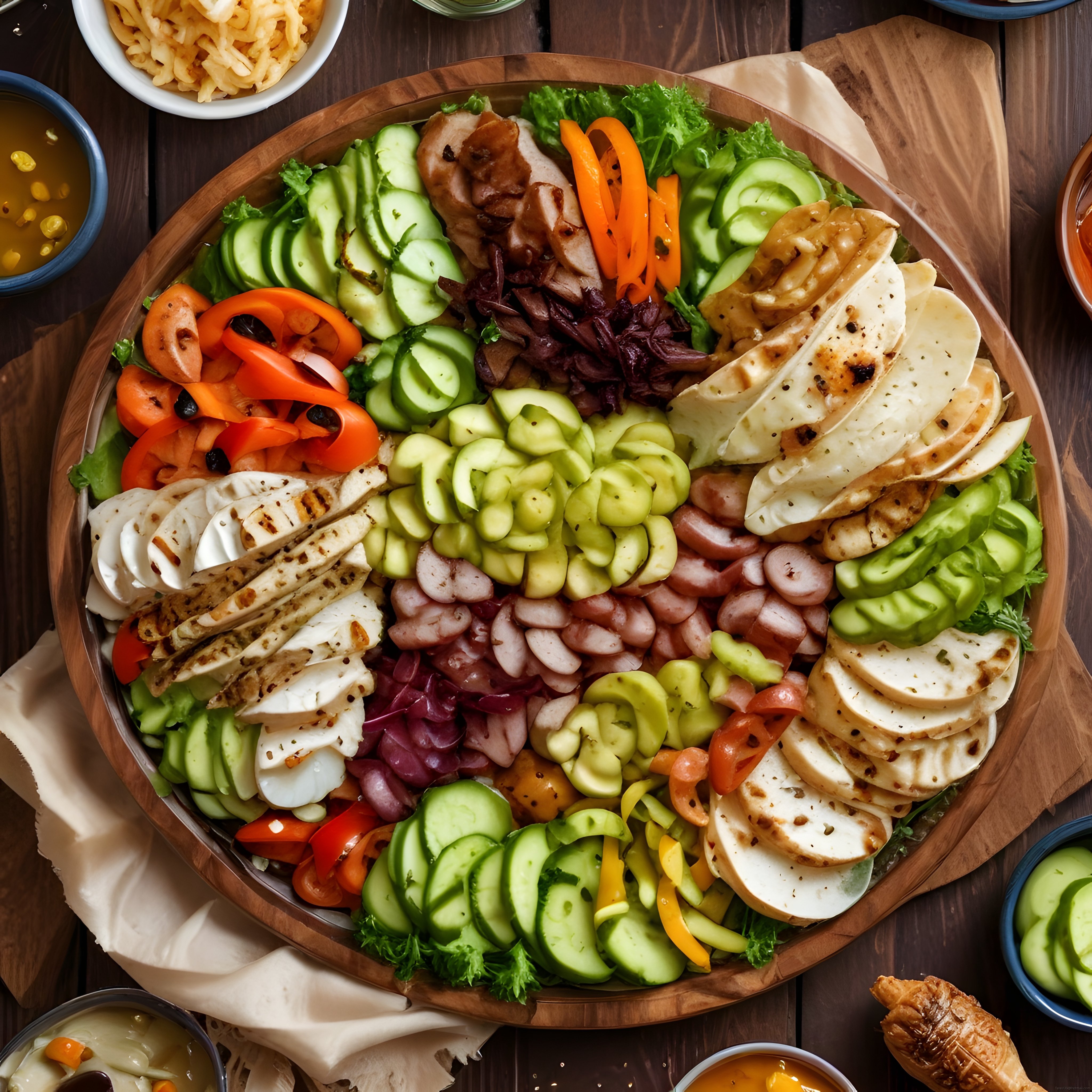 büyük ahşap kasede sebze peynir ve salamlı renkli salata sunumu