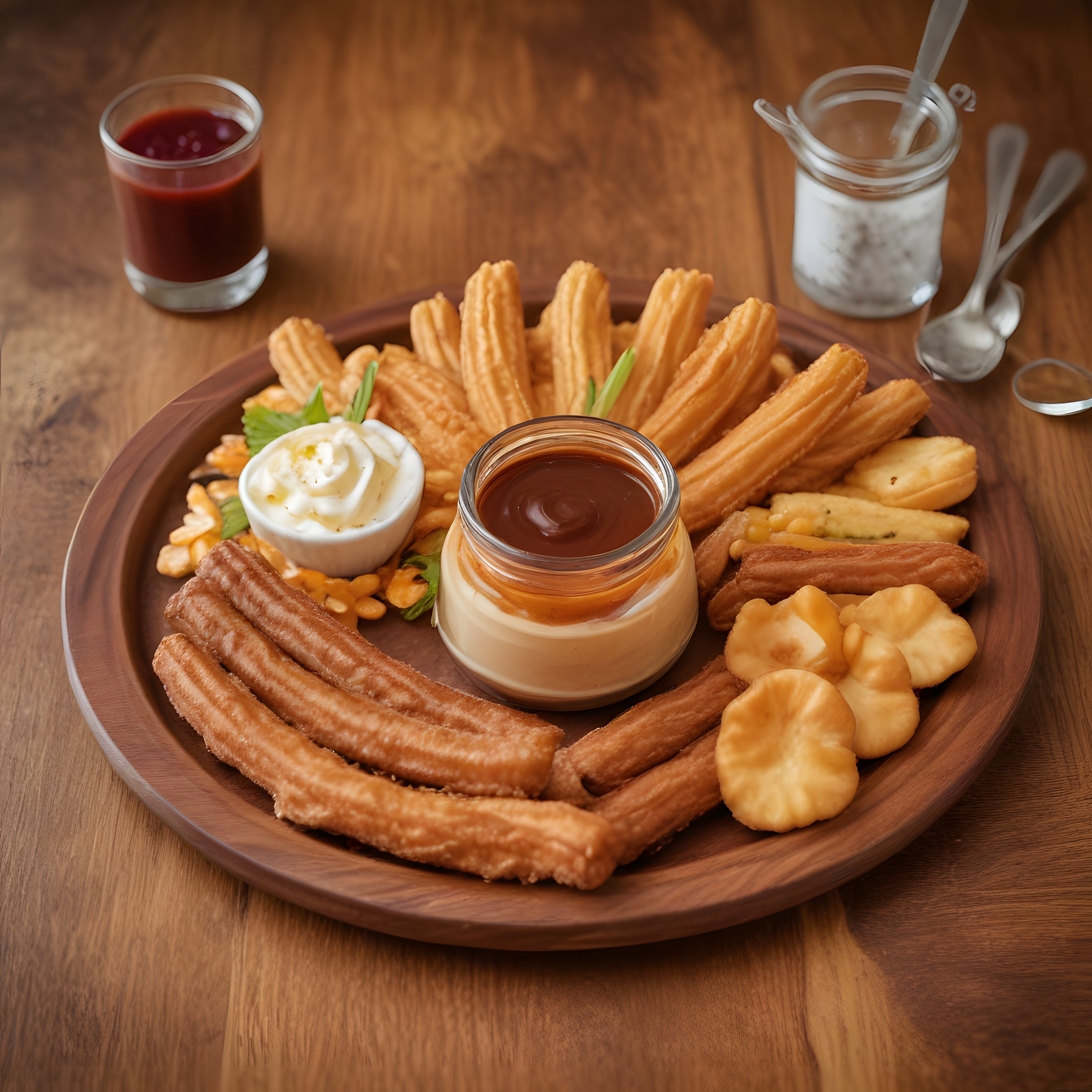 Büyük Ahşap Sunum Tahtasında Churros, Çikolata ve Kremalı Tatlı Keyfi