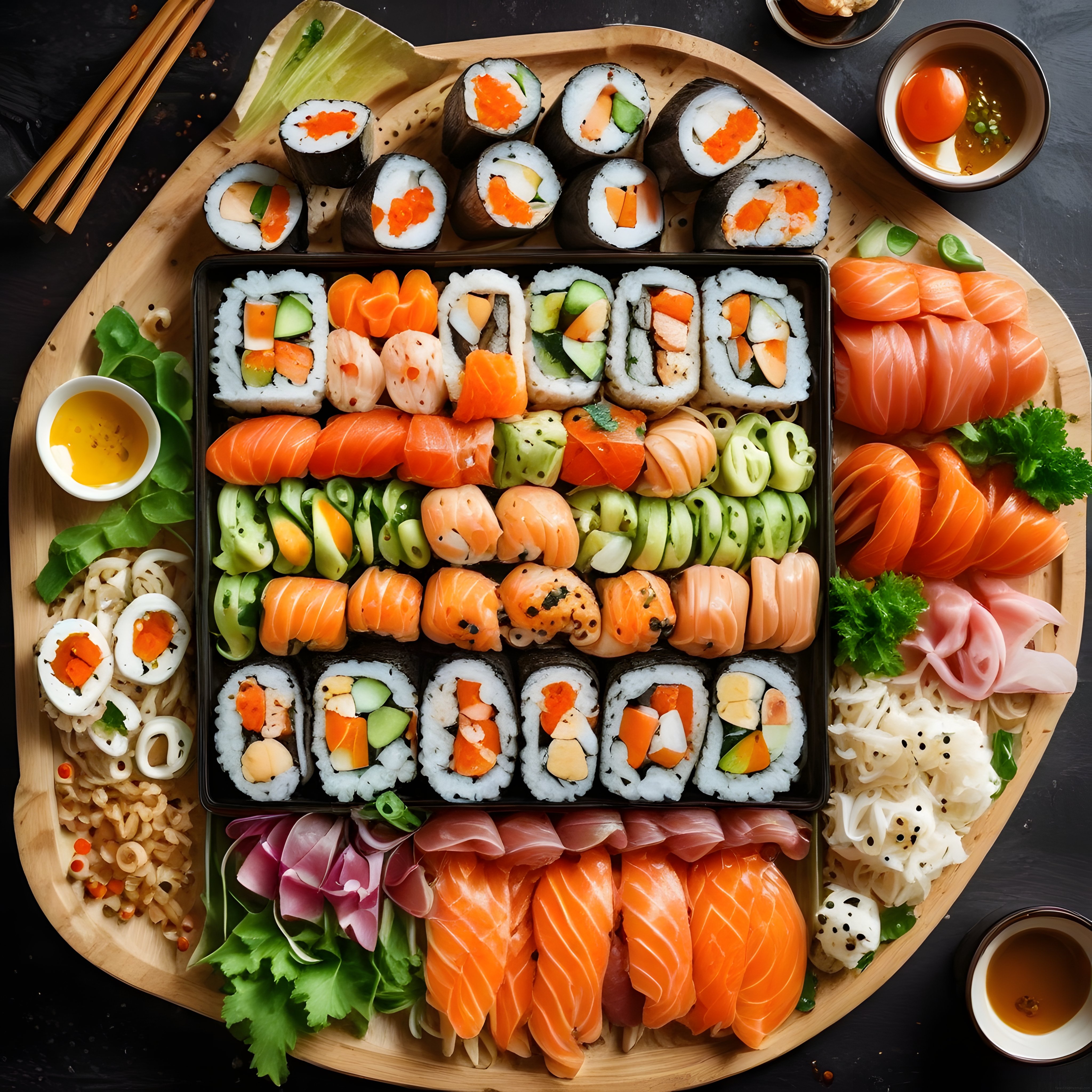 Büyük Ahşap Sunum Tahtasında Nigiri Maki ve Taze Somon Sashimi Çeşitleri