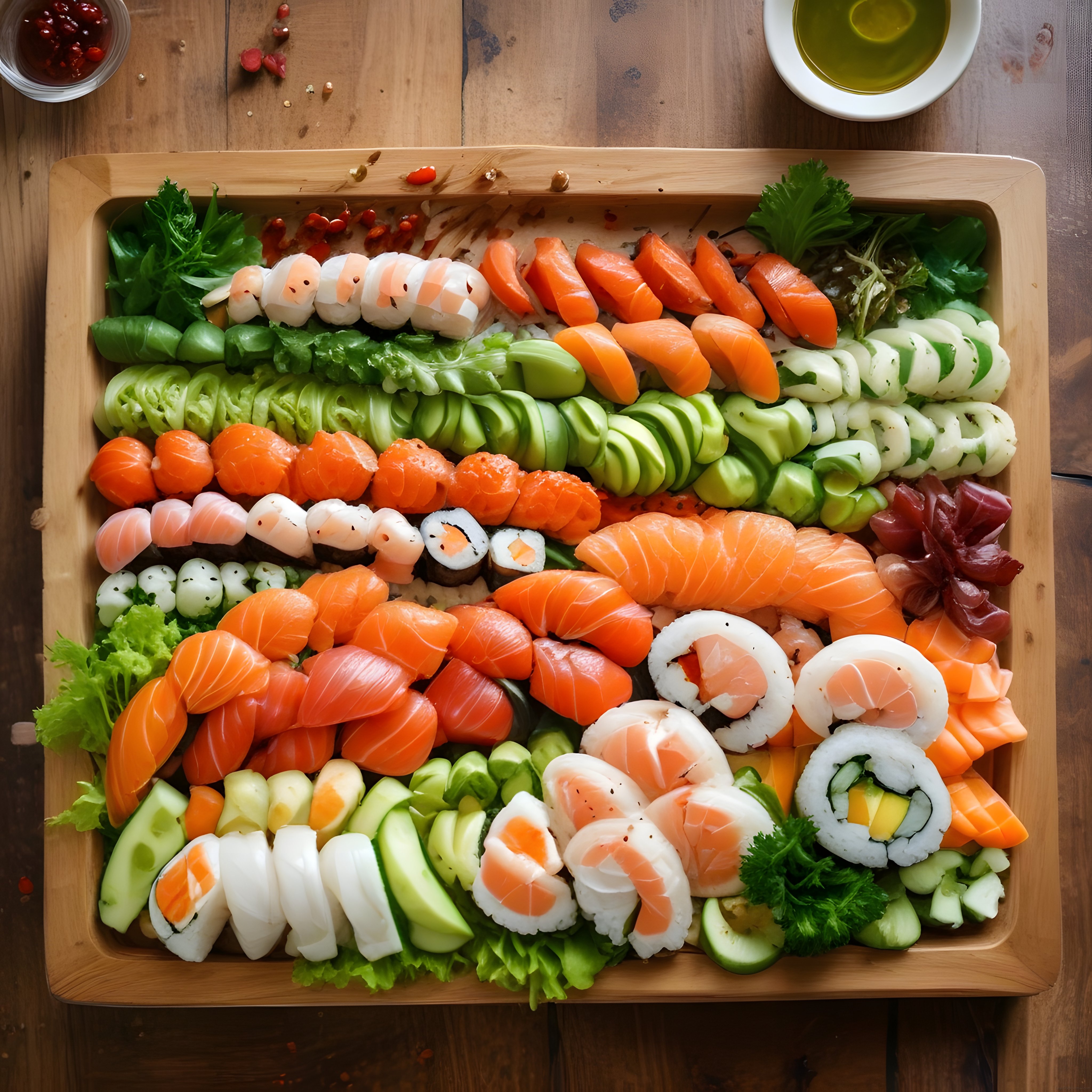 Büyük ahşap tepsi üzerinde özenle hazırlanmış sushi ve sashimi tabağı