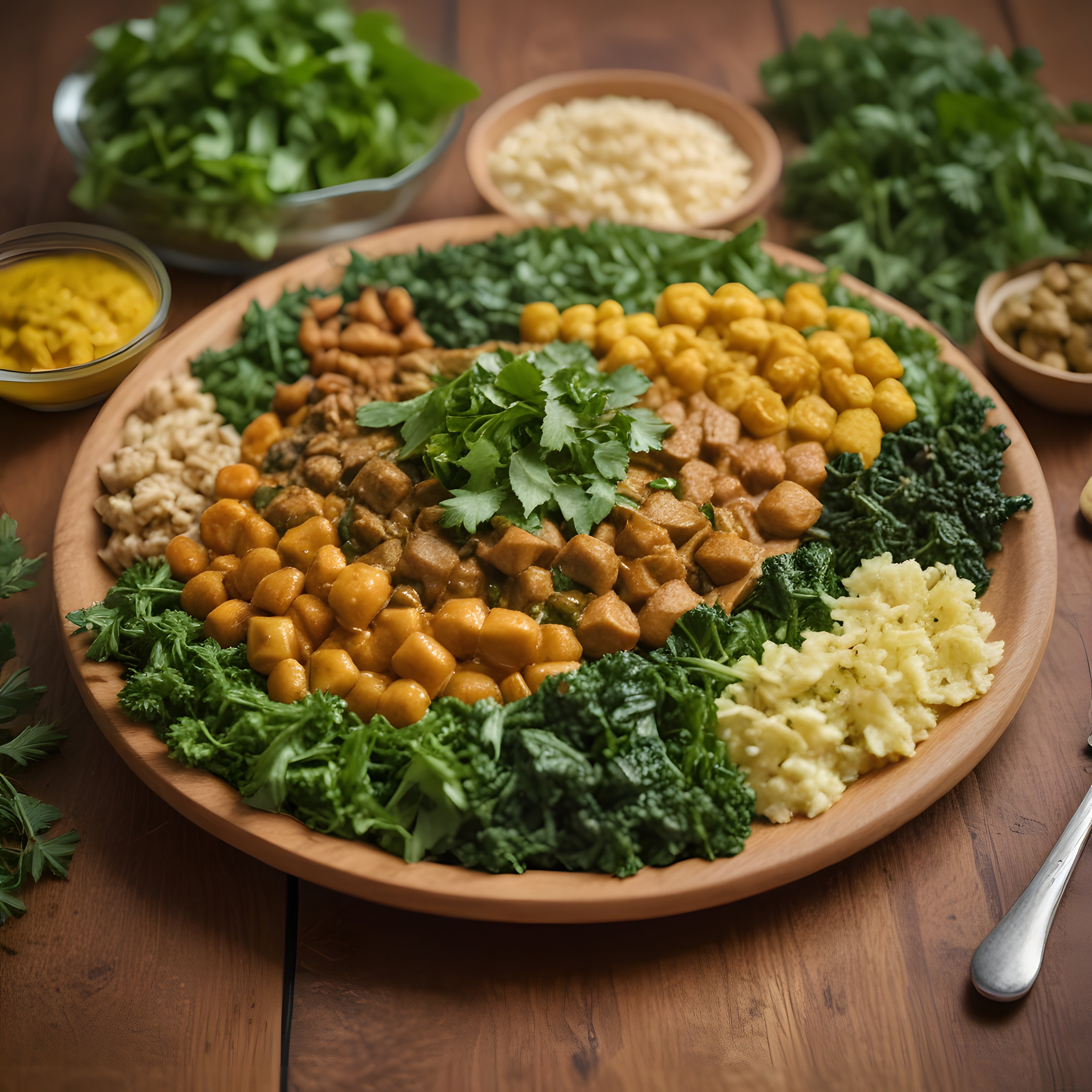 Büyük Ahşap Tepside Nohut Fasulye ve Yeşil Sebzeli Vegan Akşam Yemeği