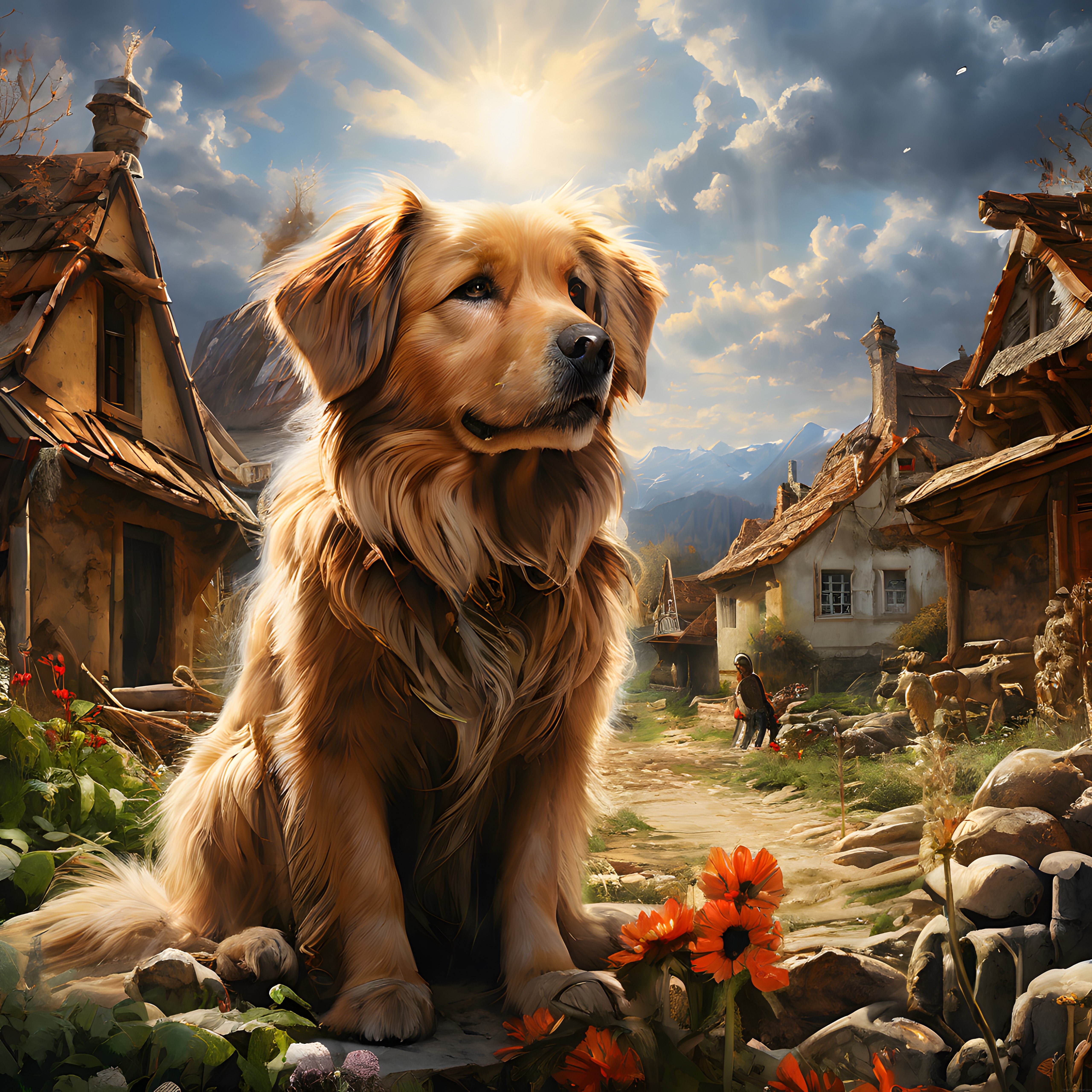 Büyük Altın Tüylü Köpek ve Masalsı Dağ Köyünde Efsanevi Günbatımı Anı