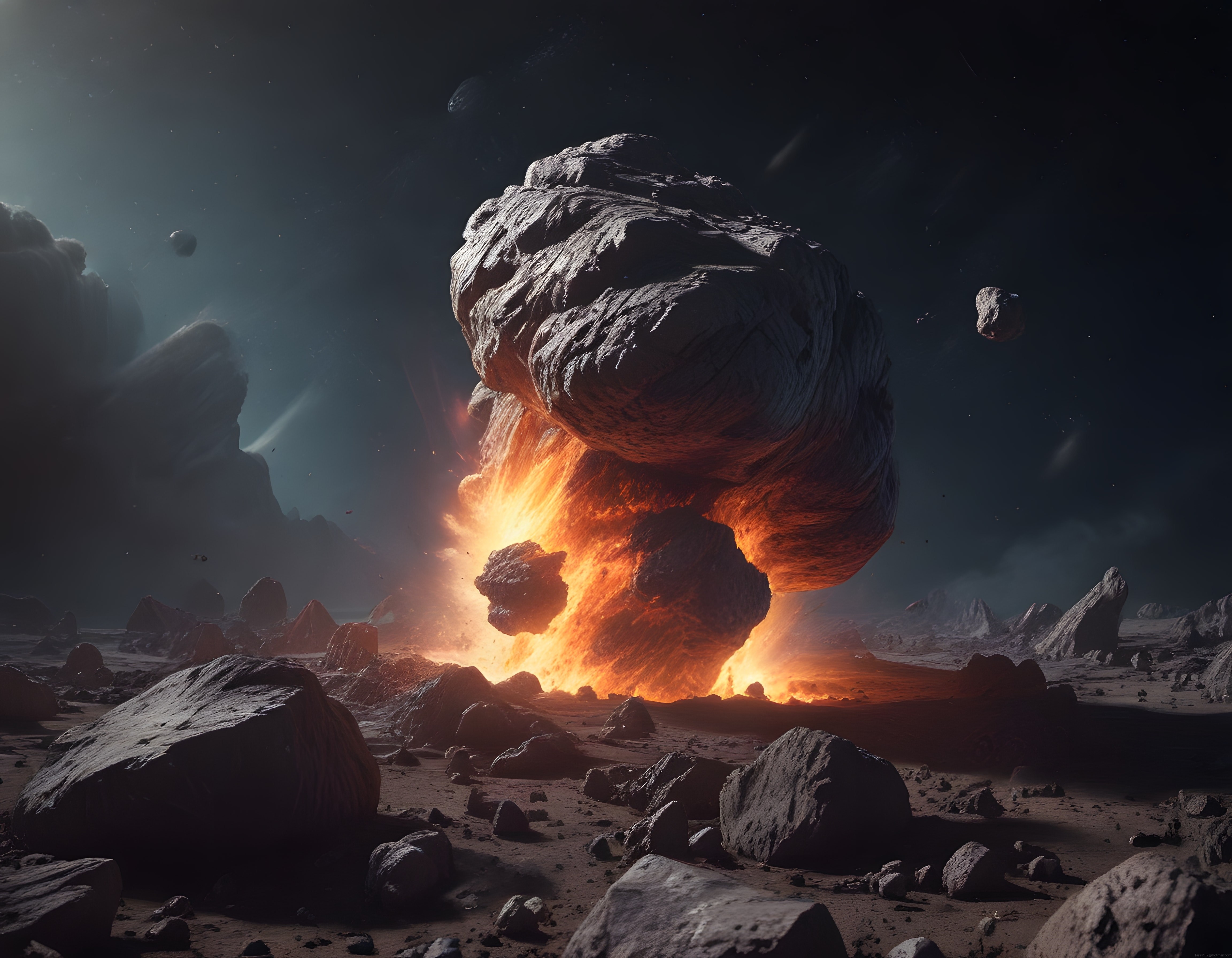 Büyük Asteroidin Yüzeye Çarpma Anında Alev ve Kaya Parçalarıyla Uzay Manzarası