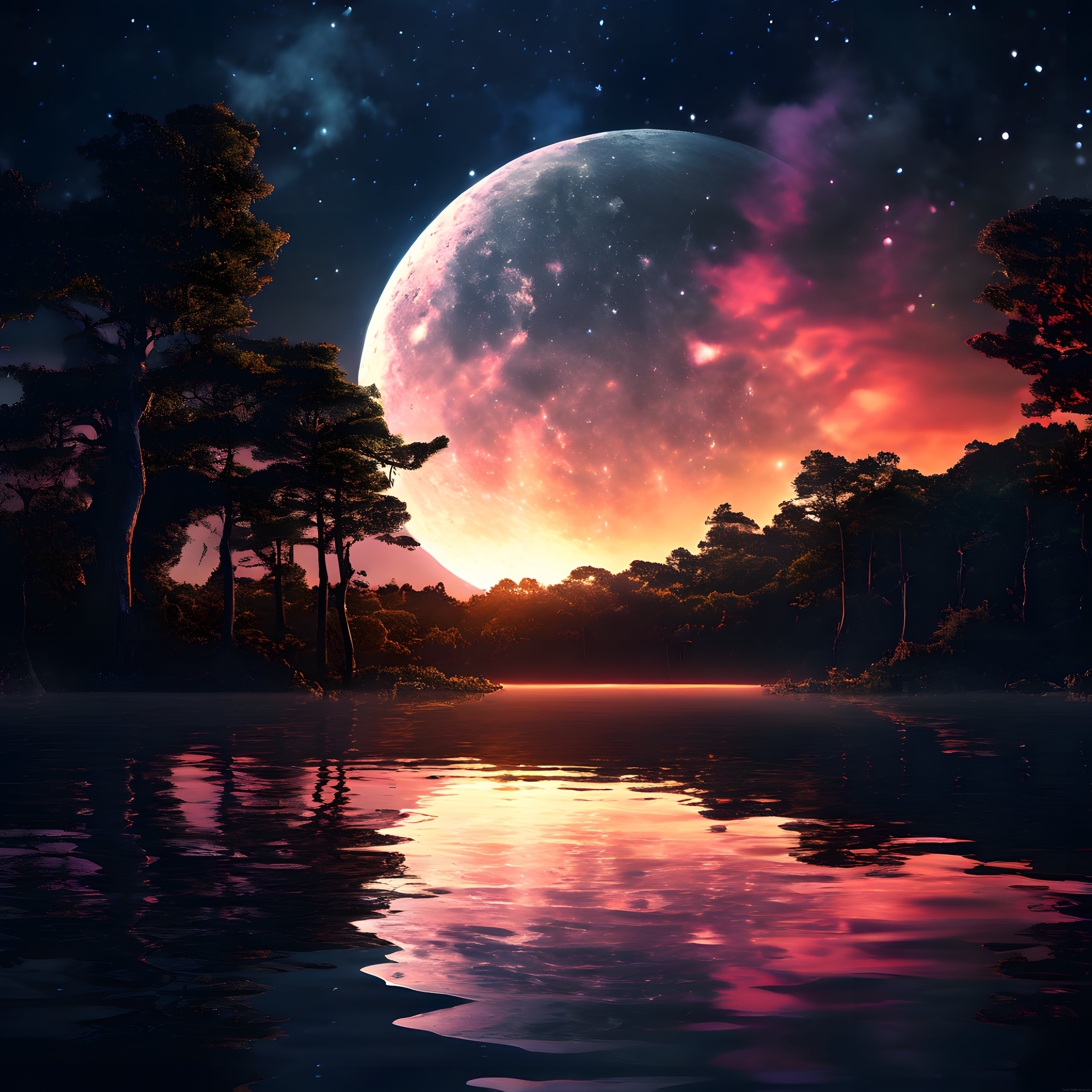 Büyük Ayın Göl Üzerindeki Yansıması ve Yıldızlı Fantastik Gece Manzarası
