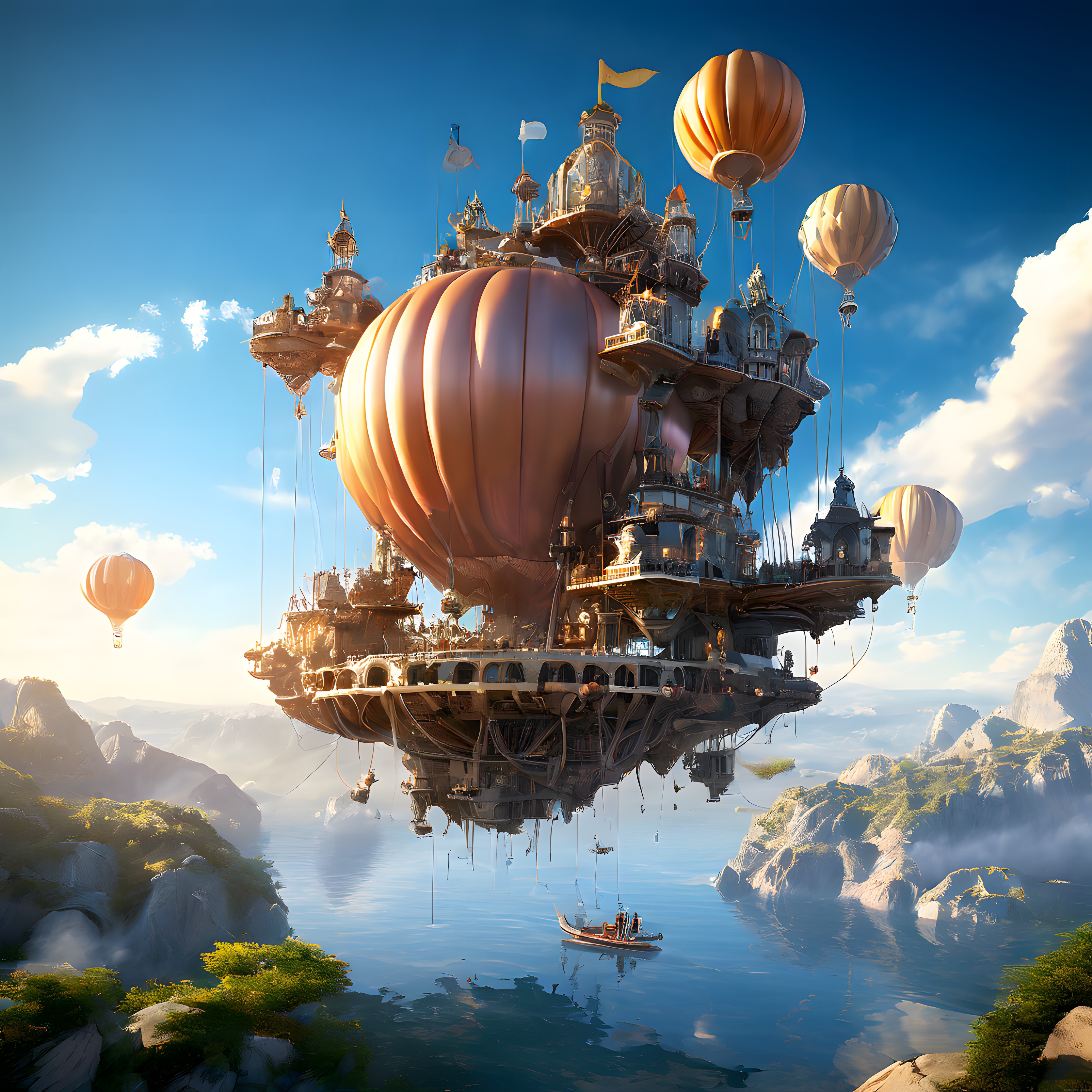 Büyük Balonlarla Gökyüzünde Süzülen Fantastik Uçan Şehir ve Steampunk Mimarisi