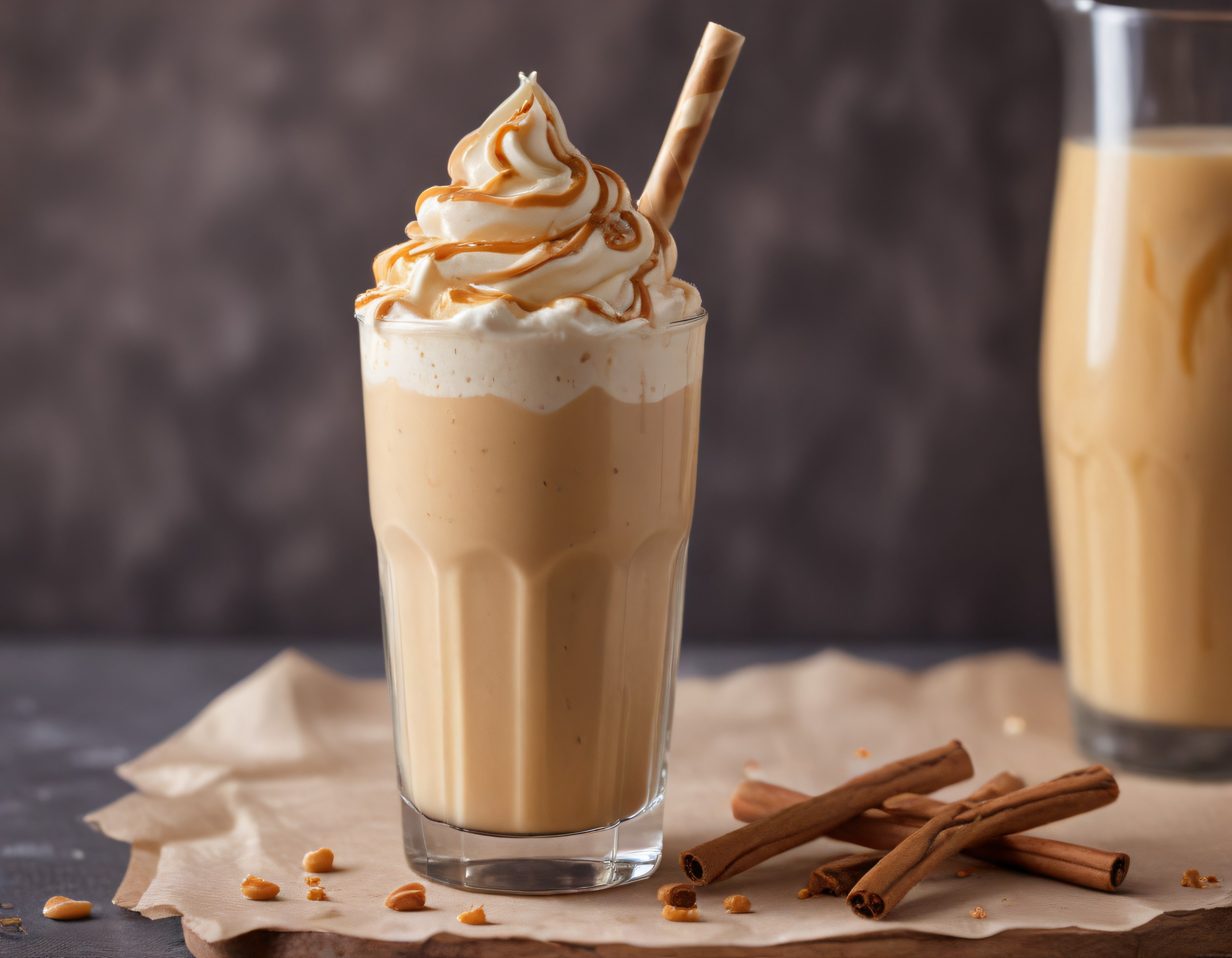 Büyük Bardakta Karamel Soslu Kremalı Soğuk Kahve Milkshake ve Tarçın Sunumu