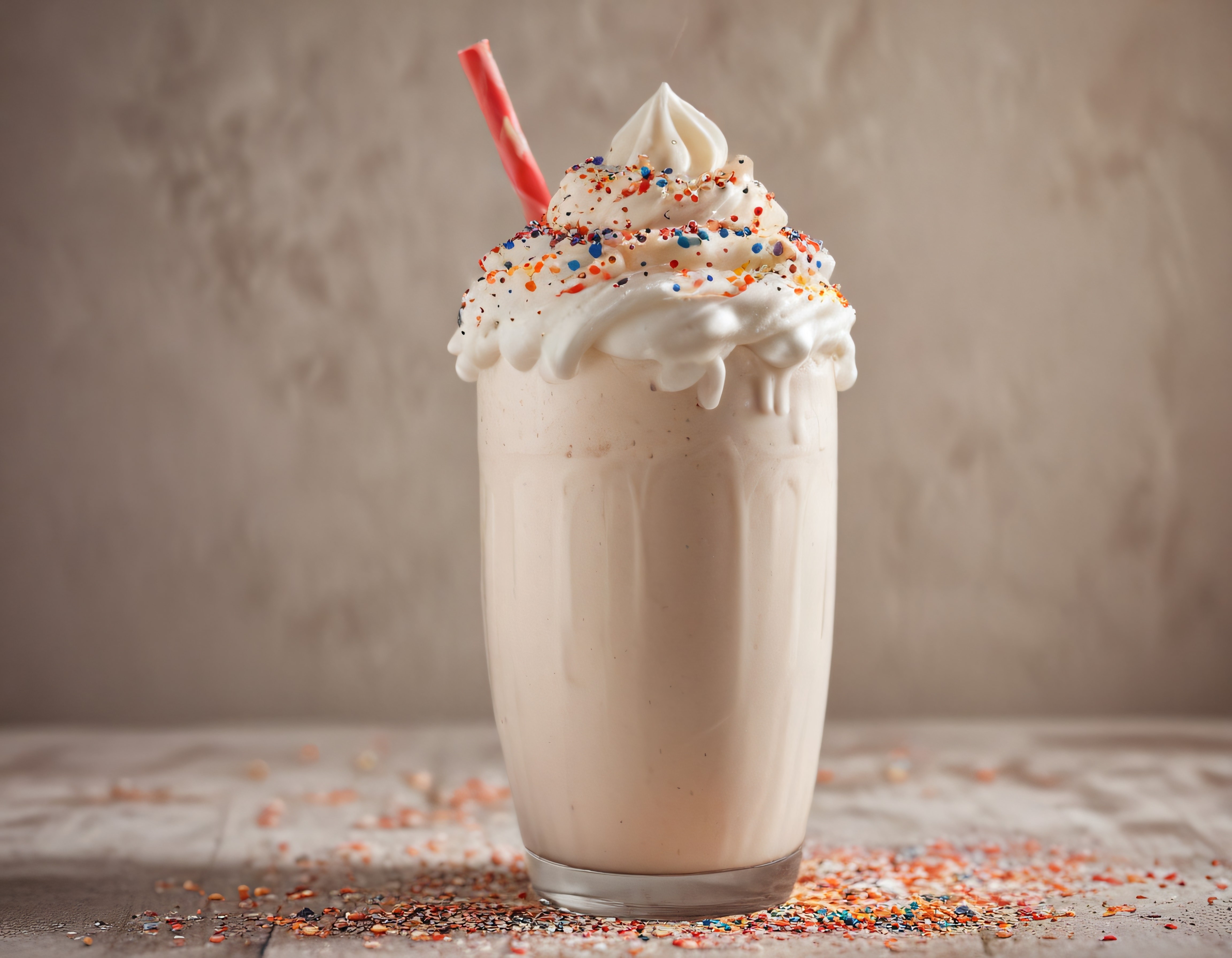 Büyük Bardakta Krem Şantili ve Renkli Süslemeli Milkshake Sunumu