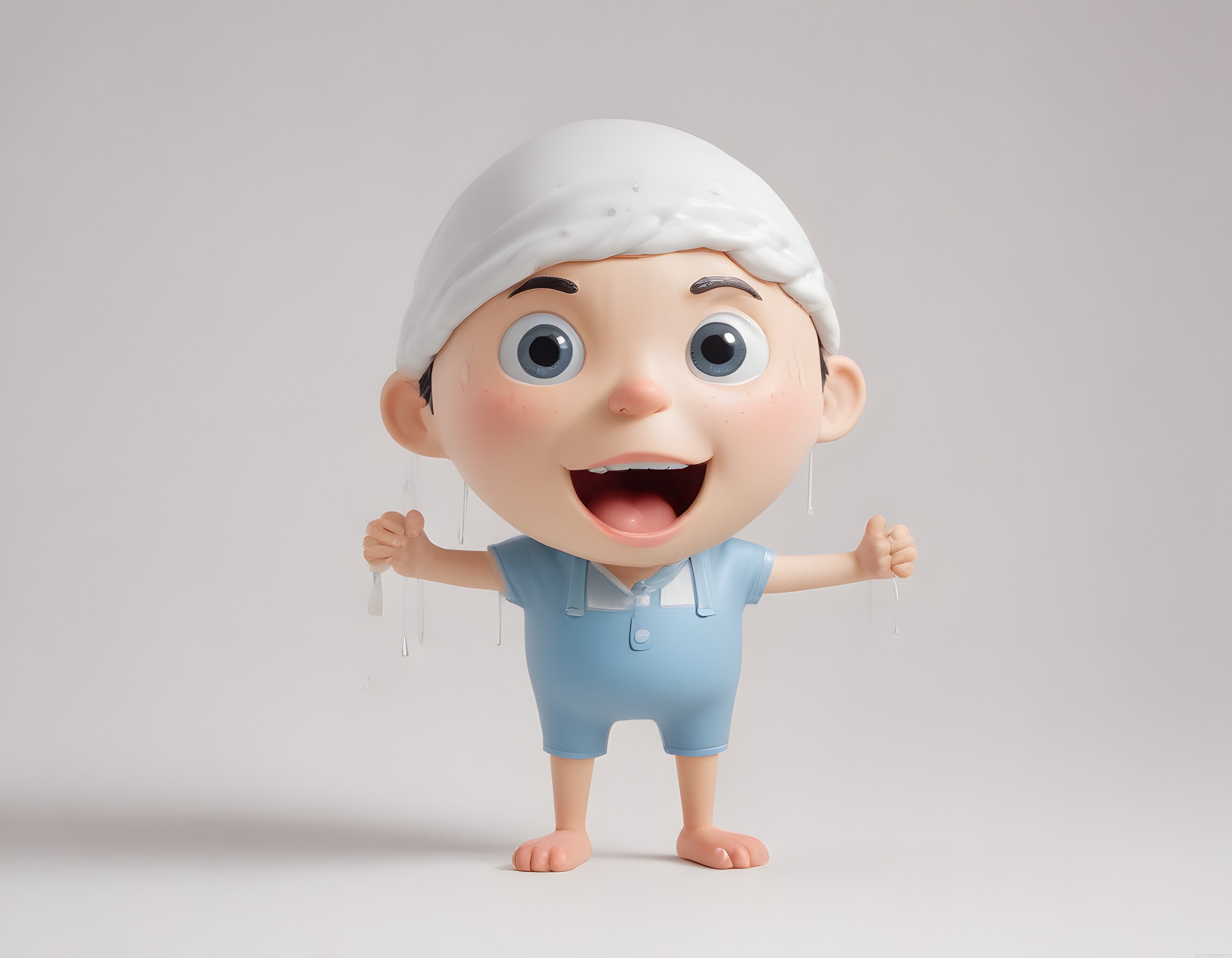 Büyük Başlı 3D Animasyon Bebeği, Mavi Tulum ve Sevinçli Ifadesiyle