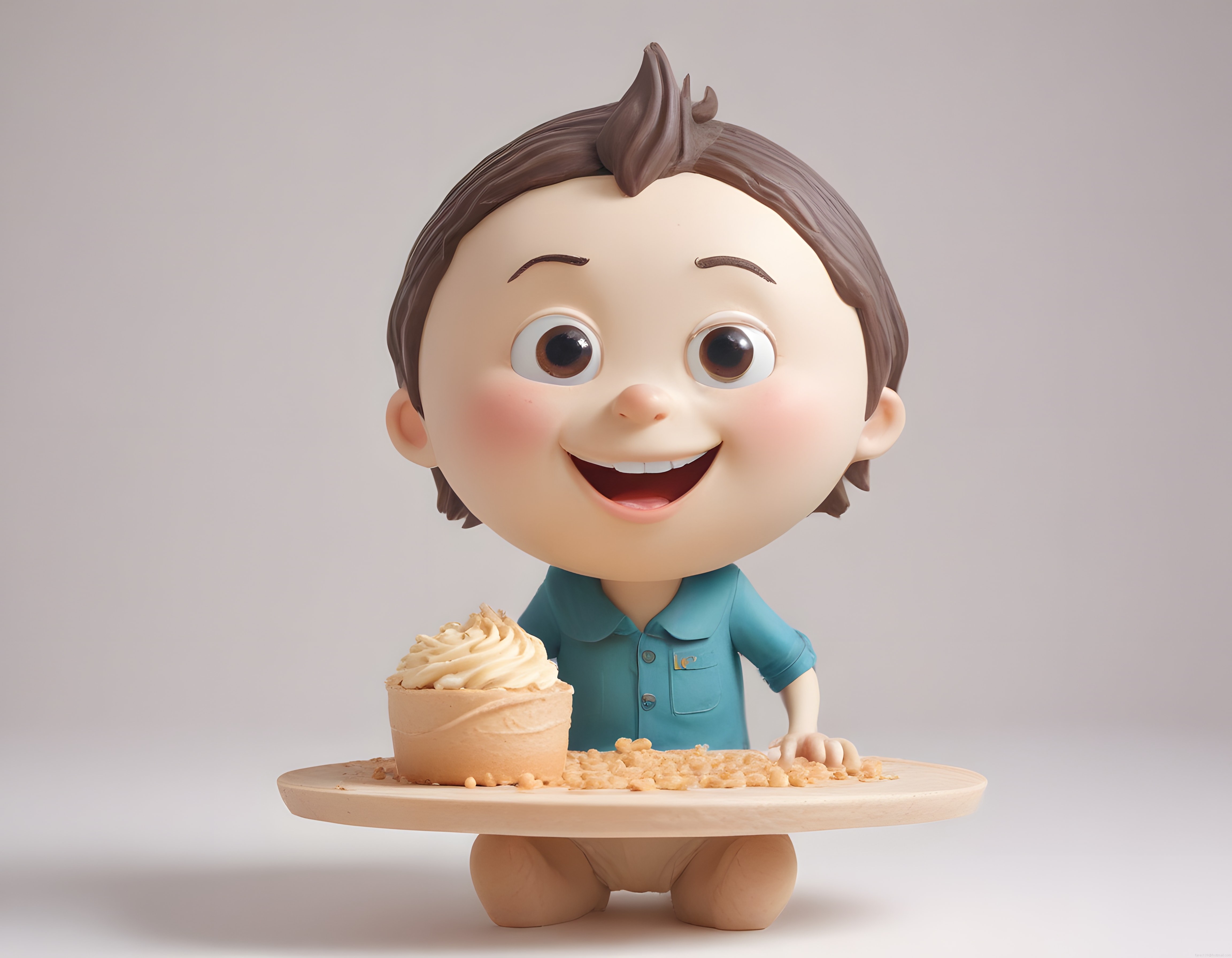 Büyük Başlı Sevimli 3D Animasyon Çocuk Karakteri ve Kremalı Pasta Sunumu