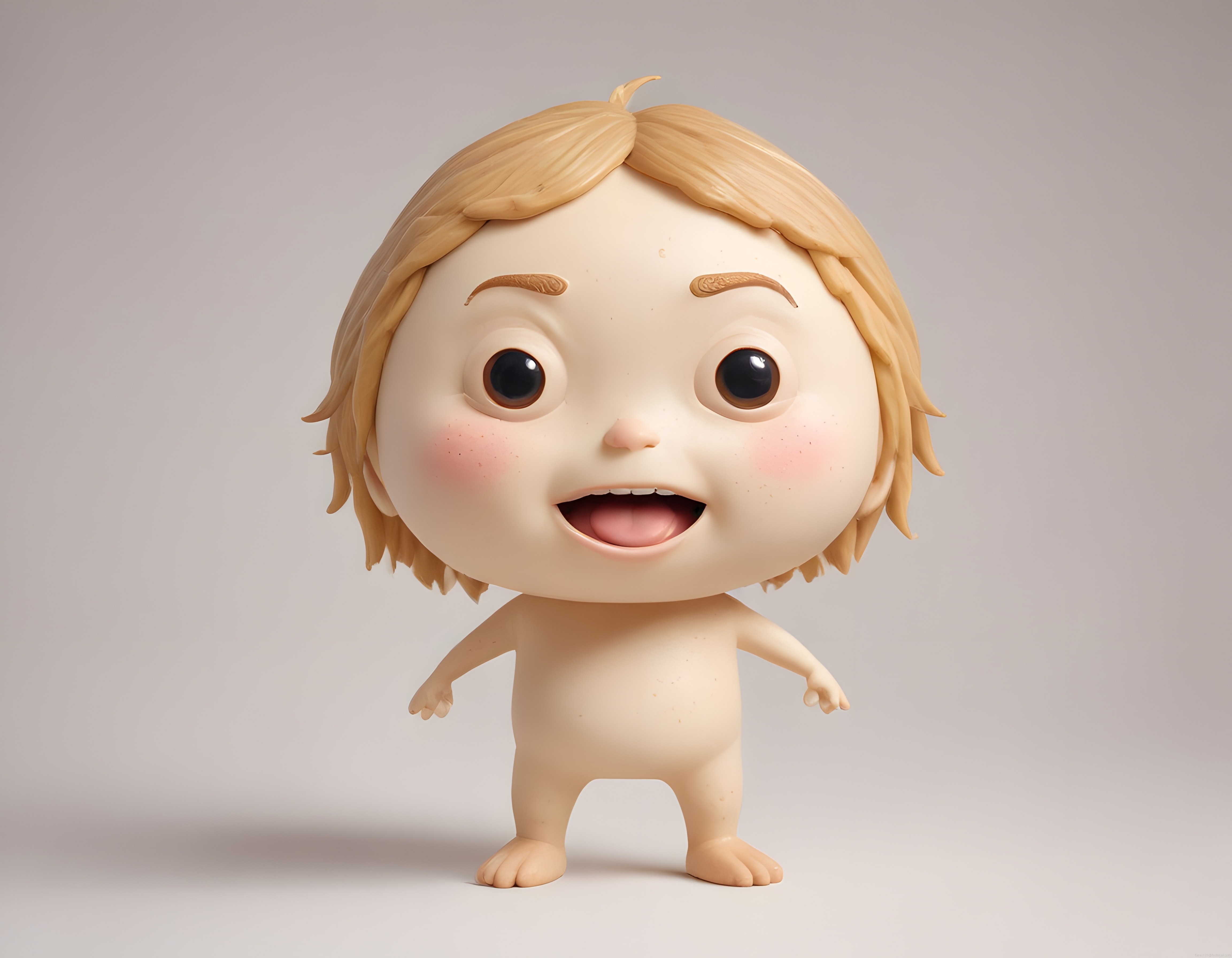 Büyük başlı sevimli 3D bebek karakteri ve animasyon figürü render çalışması