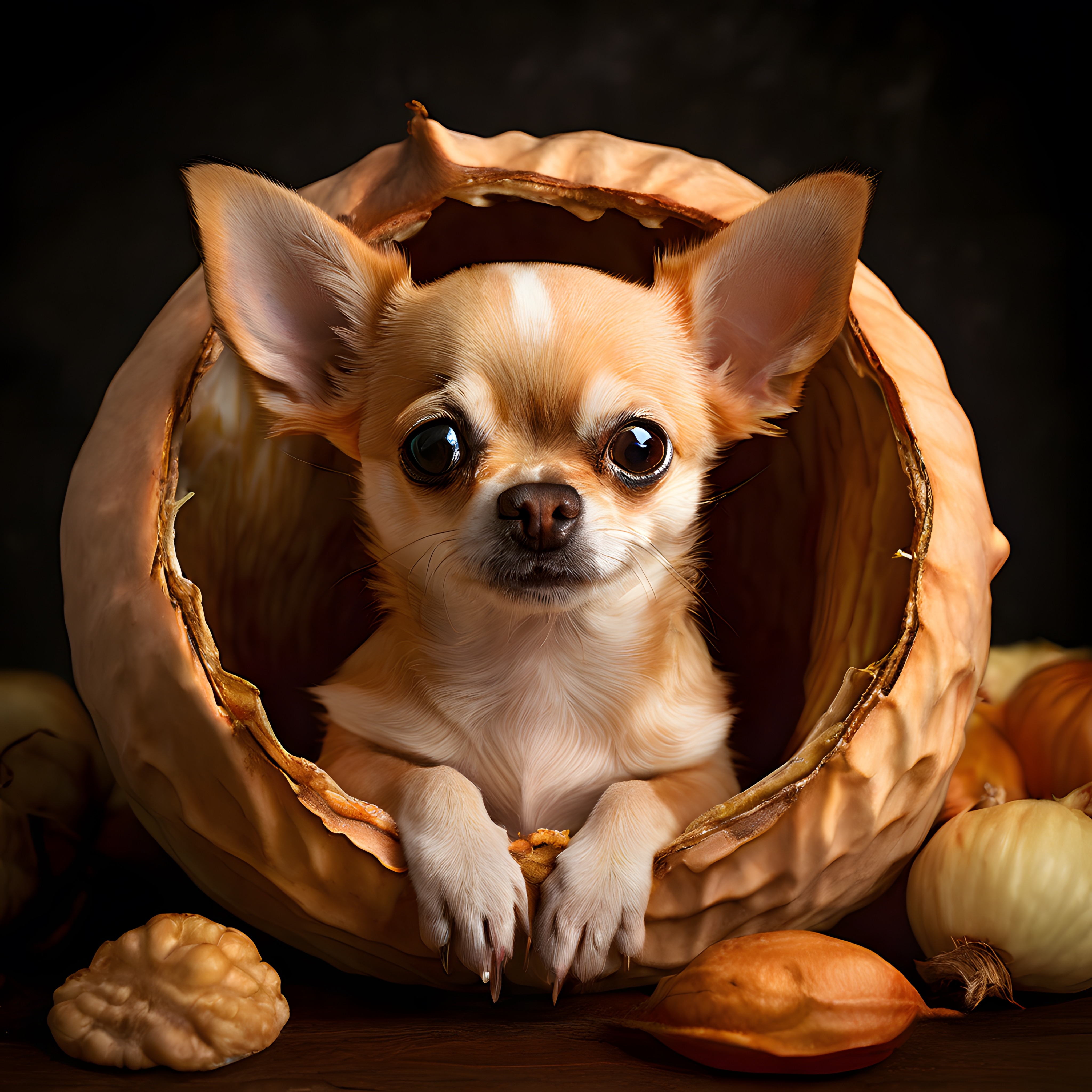 Büyük bir ceviz kabuğunun içinden bakan yavru chihuahua köpeği