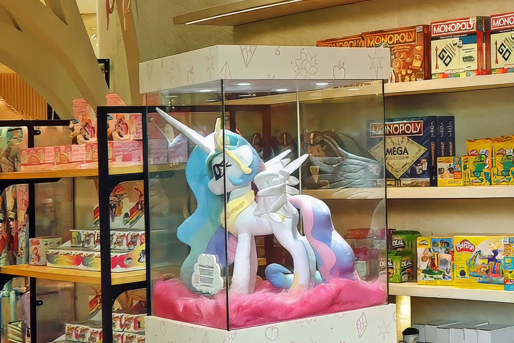 Büyük boy pony figürünün sergilendiği renkli oyuncak mağazası ortamı