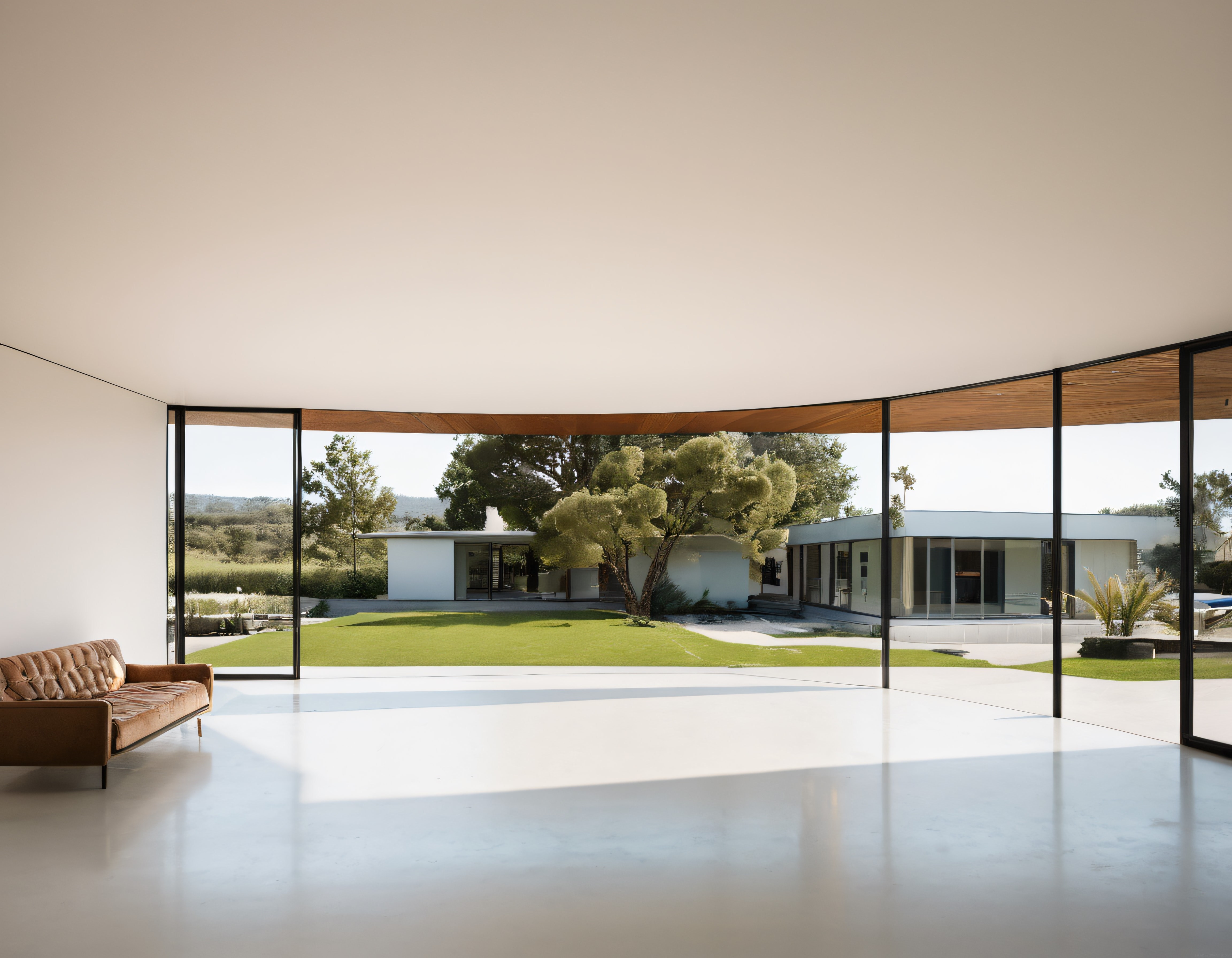 Büyük Cam Cephe ve Avlu Bahçesiyle Modern Minimalist Villa İç Mekanı