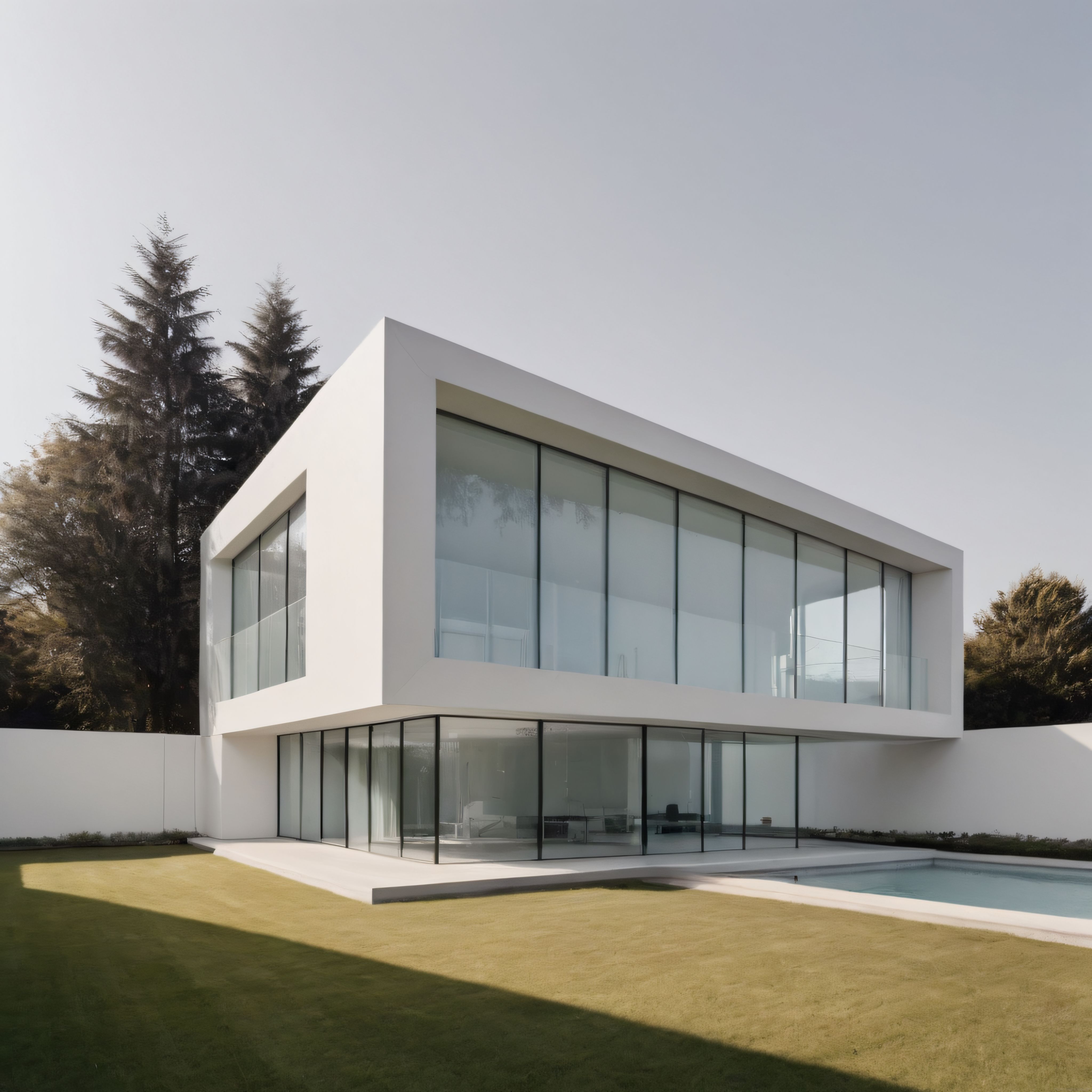 Büyük Cam Cepheli Beyaz Minimalist Villa ve Özel Yüzme Havuzu Tasarımı