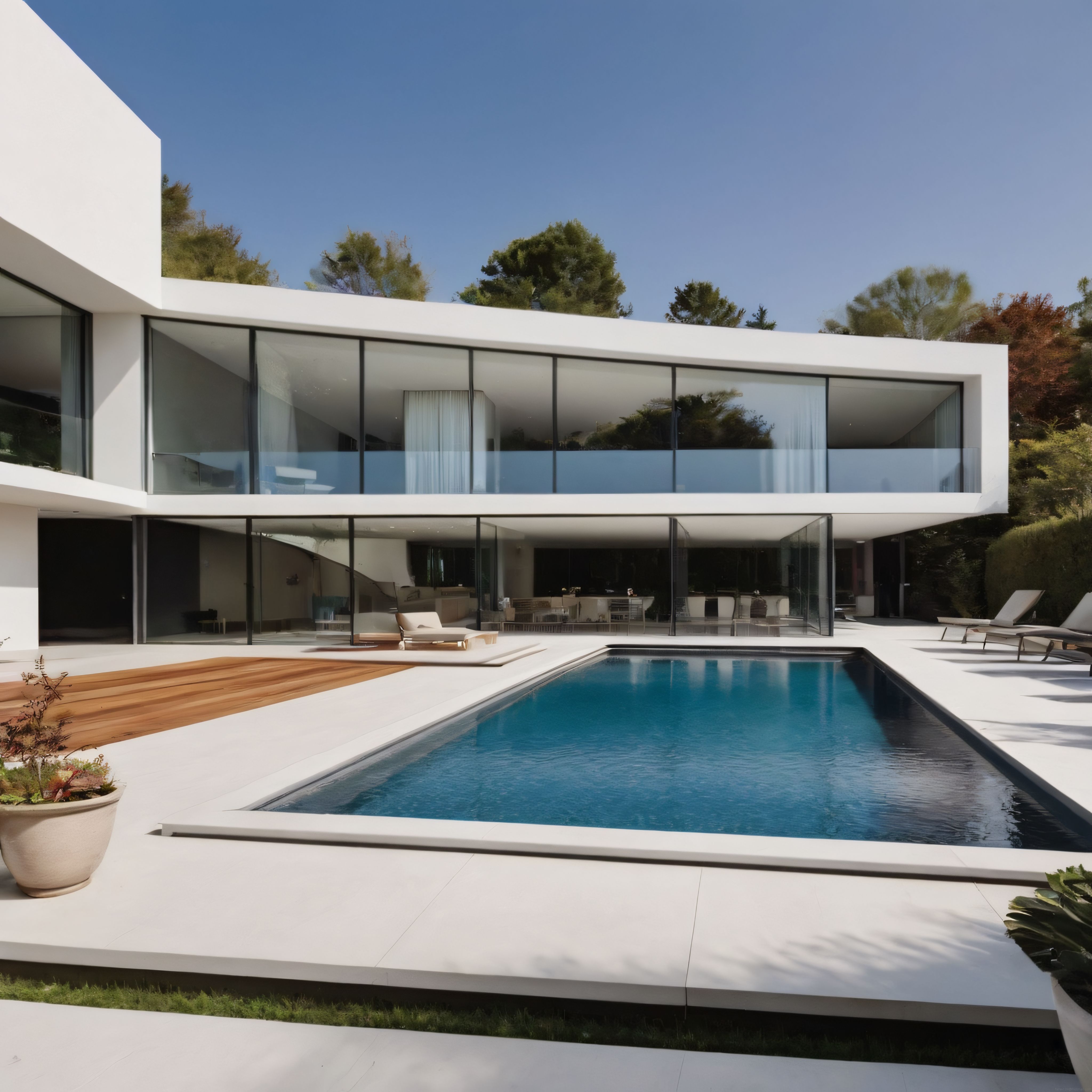 Büyük Cam Cepheli Beyaz Minimalist Villanın Mavi Yüzme Havuzlu Şık Bahçesi