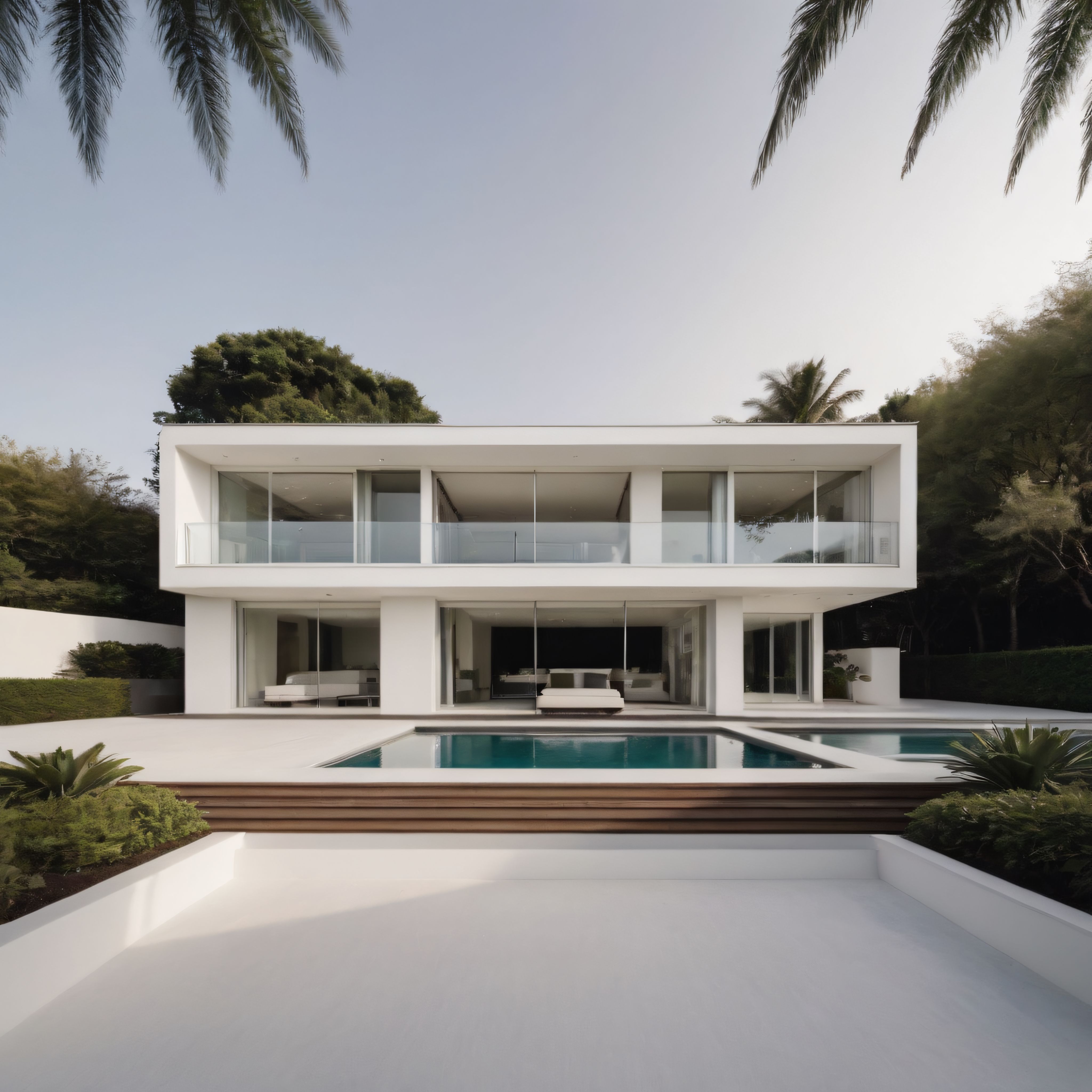 Büyük cam cepheli beyaz villa ve havuzlu teras ile modern lüks ev mimarisi