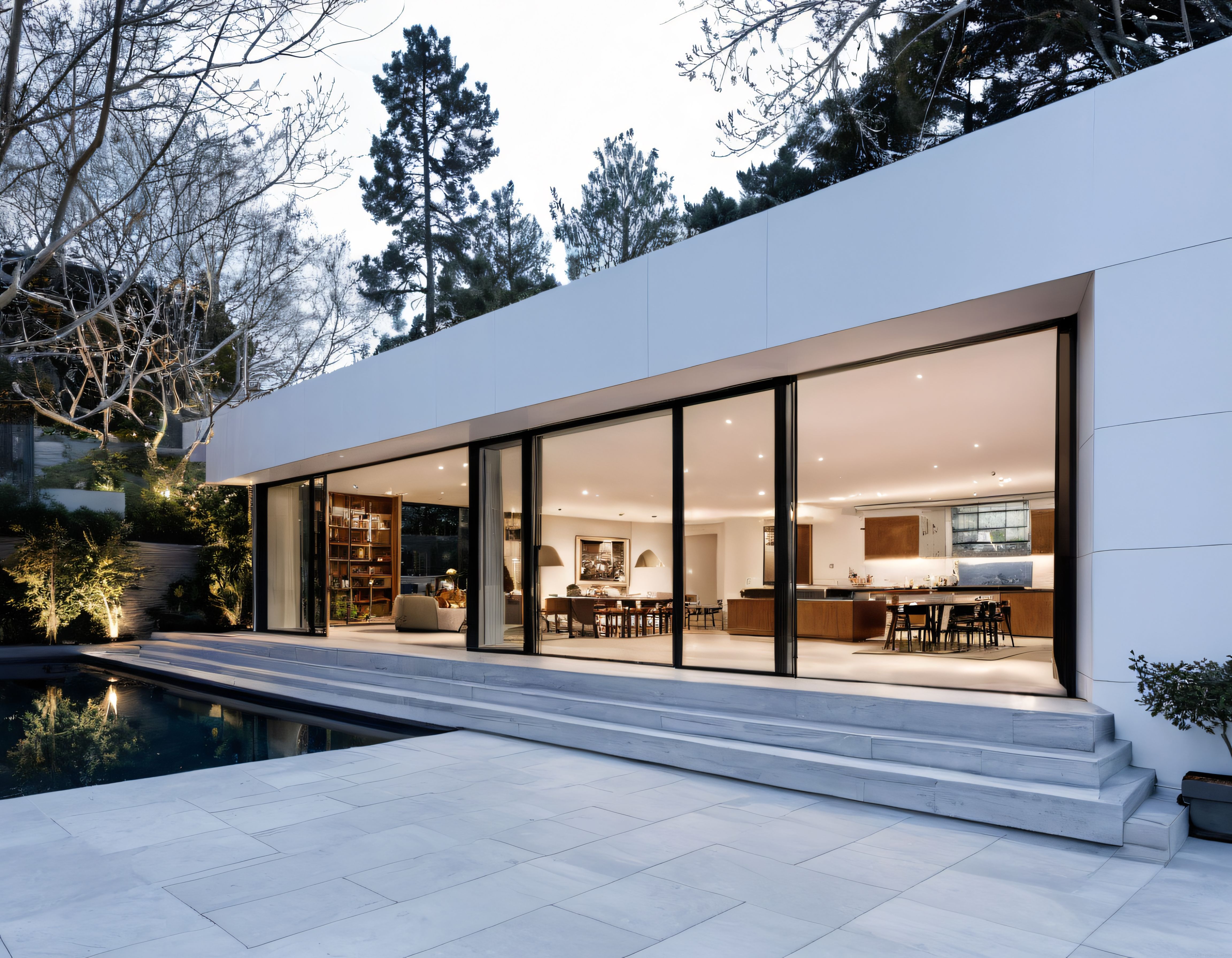 Büyük Cam Cepheli Minimalist Villa ve Akşam Işığındaki Havuz Bahçesi