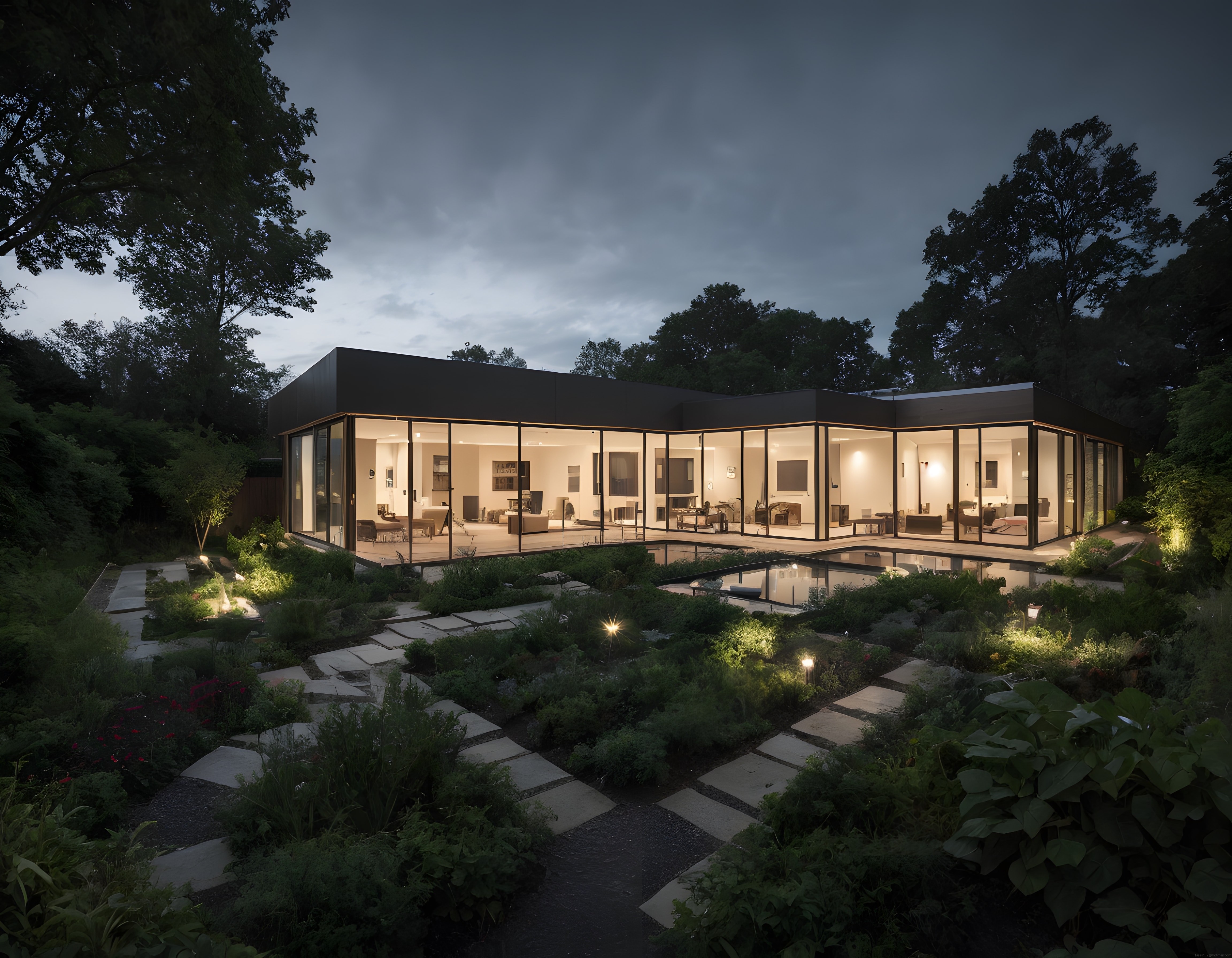 Büyük Cam Cepheli Modern Orman Evi ve Huzurlu Gece Bahçe Işıkları