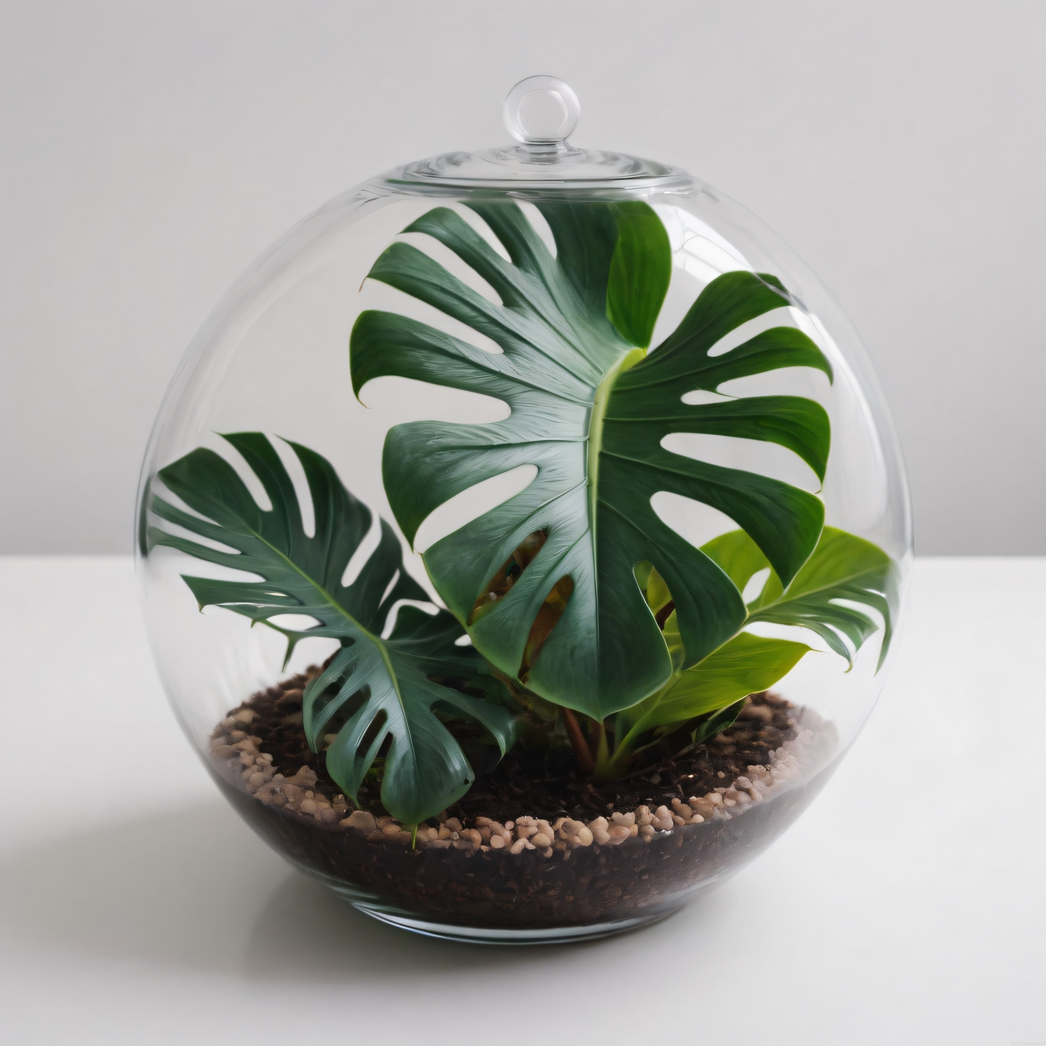 Büyük cam fanus içinde topraklı monstera bitkisiyle dekoratif terrarium