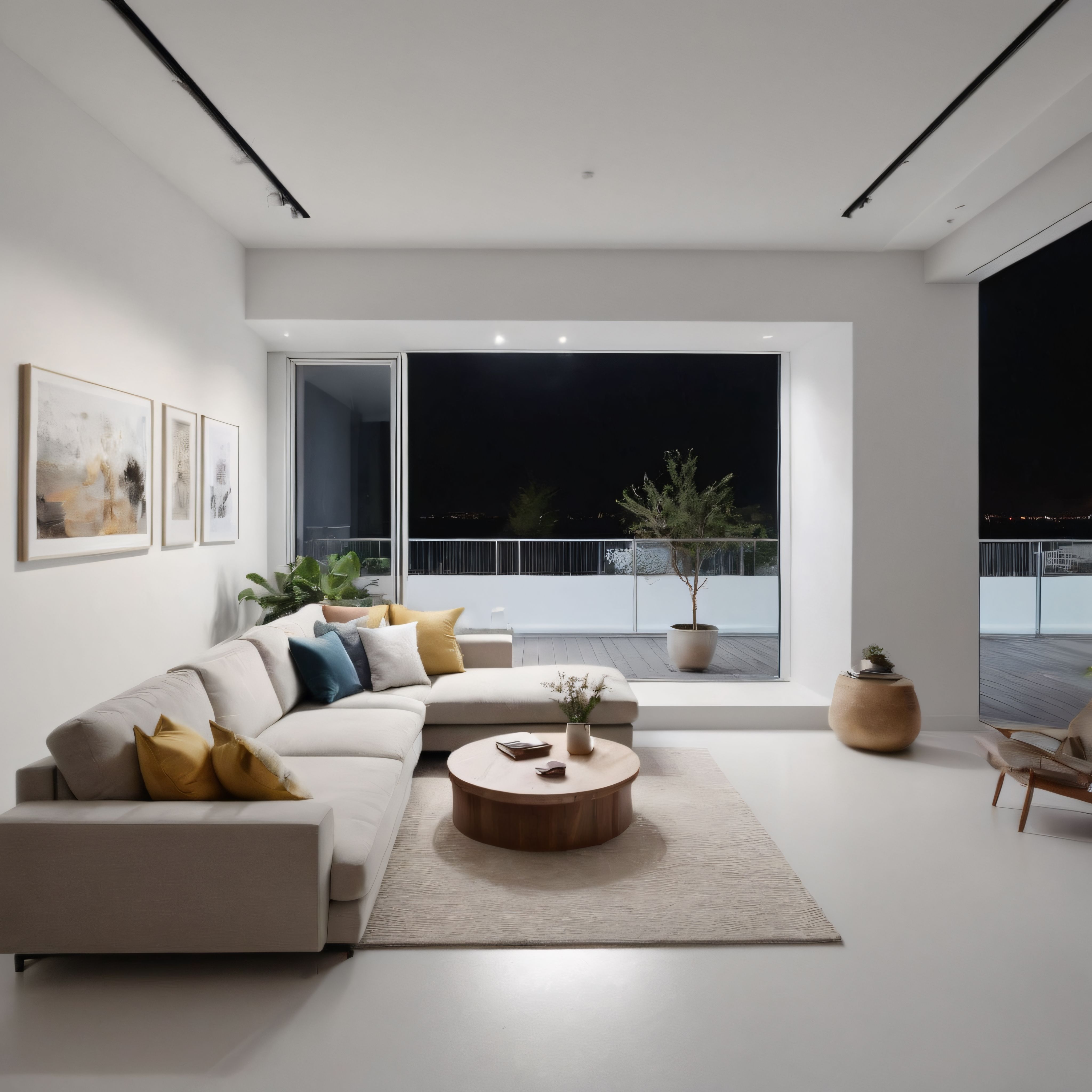 Büyük Cam Pencereli Gece Manzaralı Lüks Modern Salon Dekorasyonu