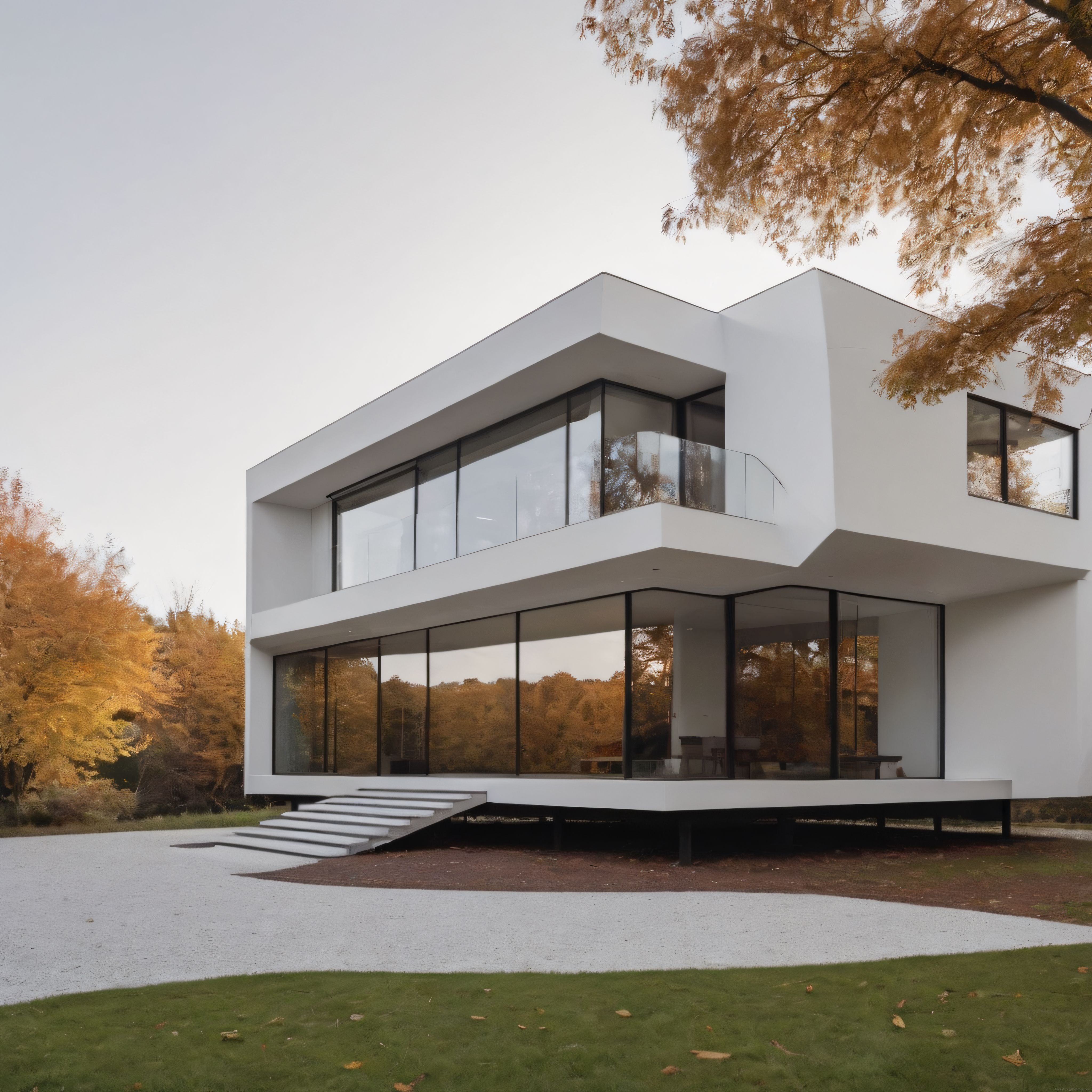 Büyük Camları ve Geometrik Hatlarıyla Sonbaharda Modern Beyaz Villa