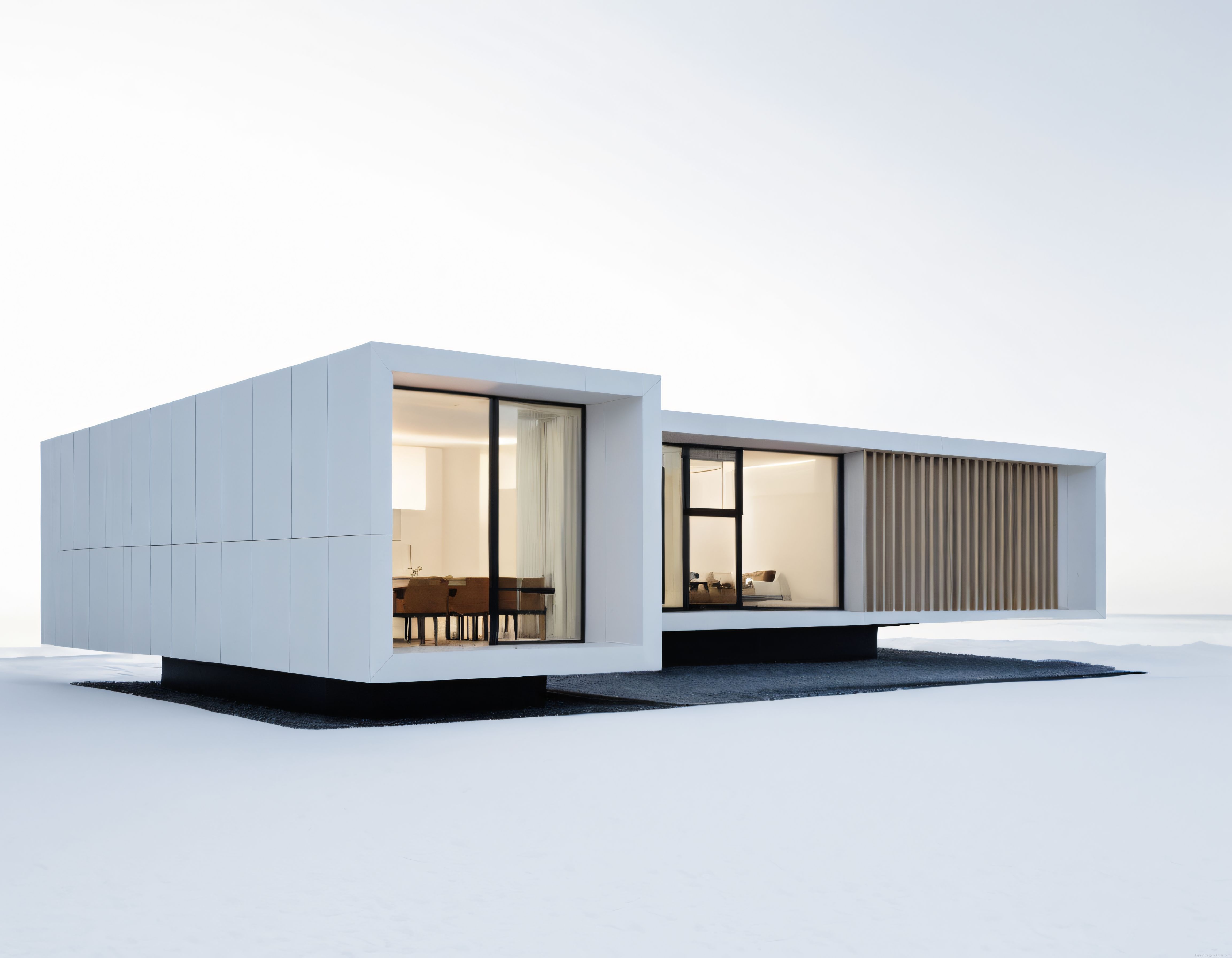 Büyük Camlı Beyaz Minimalist Ev Tasarımı ve Modern Yaşam Alanı