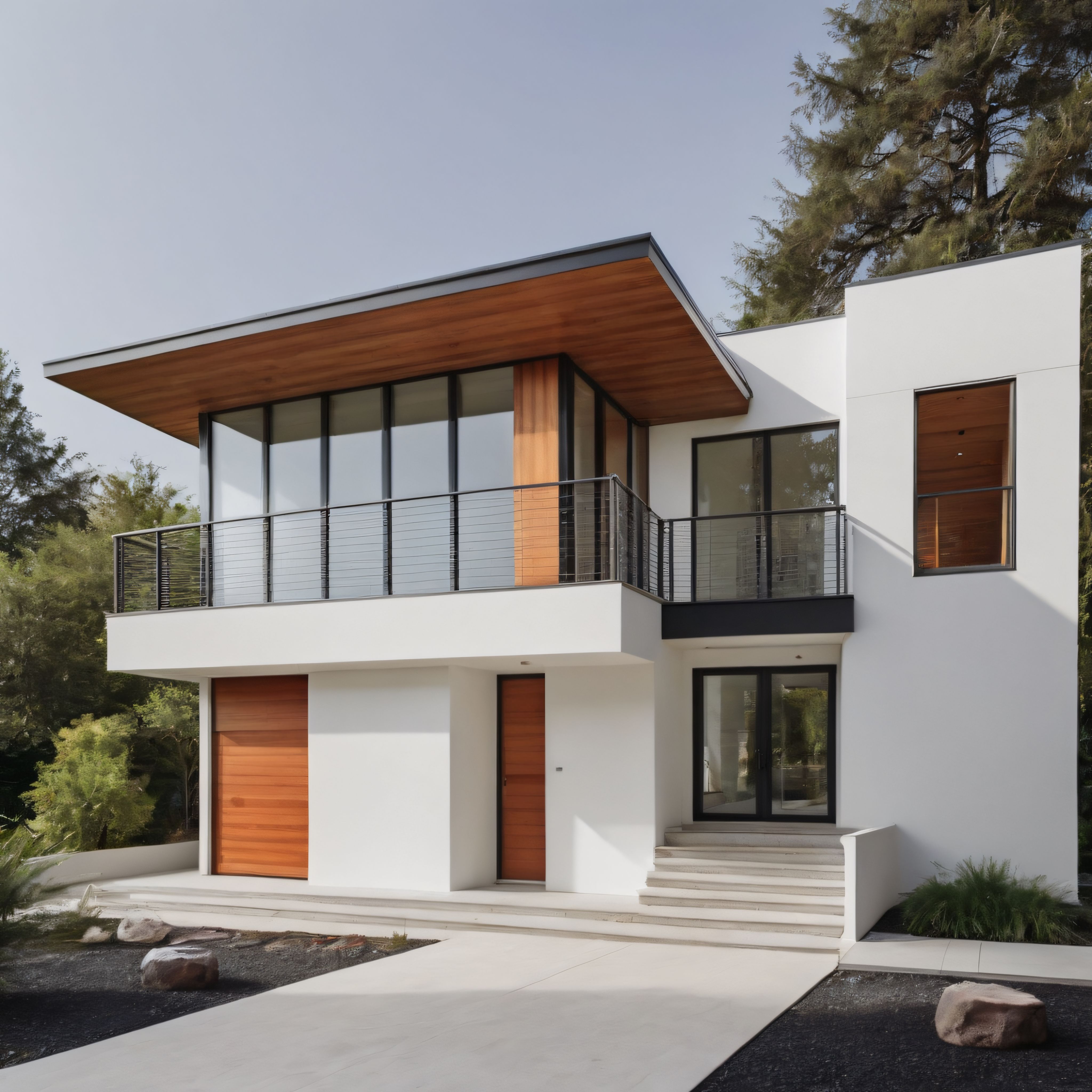 Büyük Camlı ve Ahşap Detaylı Modern Beyaz Villa ile Minimalist Konut Mimarisi