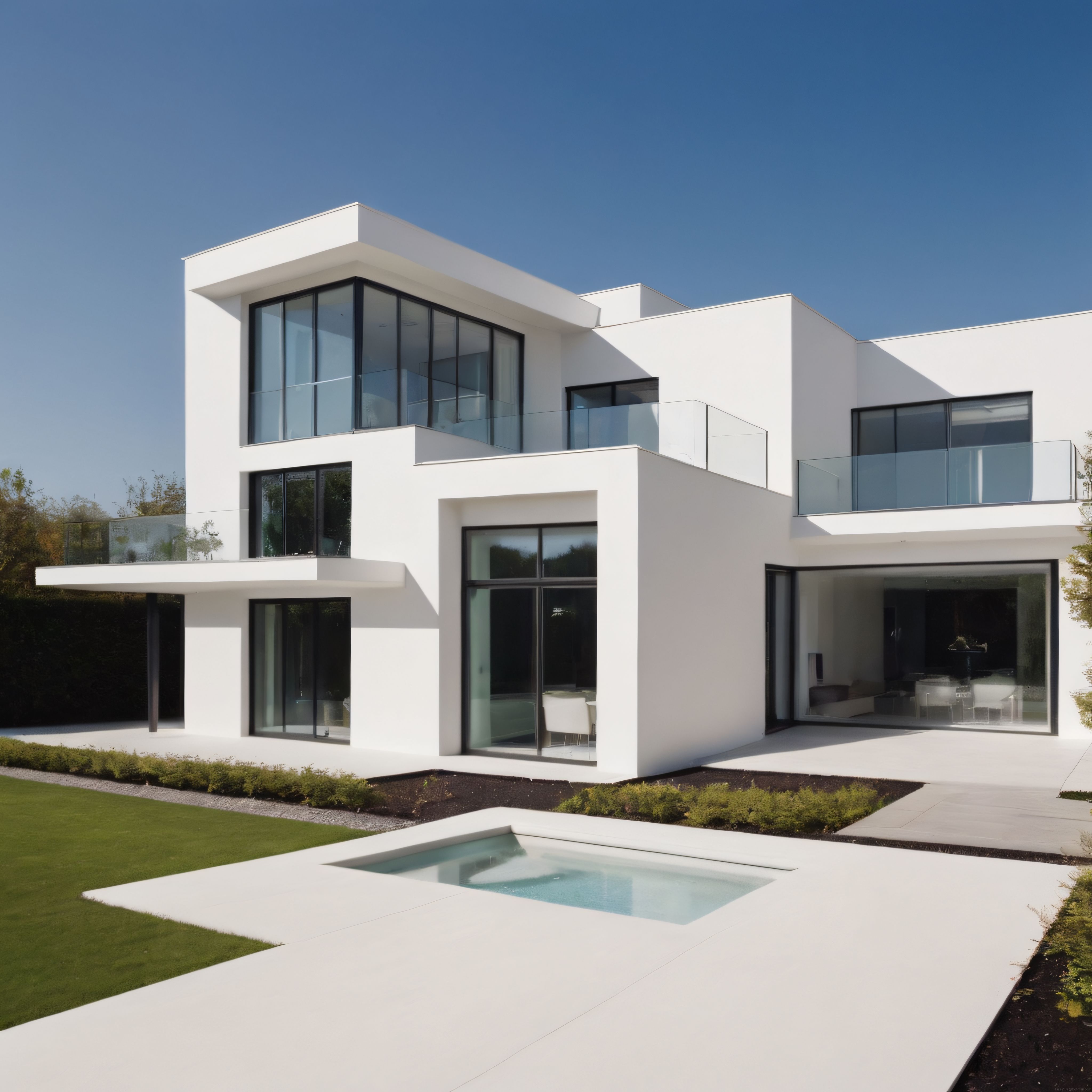 Büyük Camlı ve Geniş Teraslı Modern Beyaz Villa ile Minimalist Bahçe