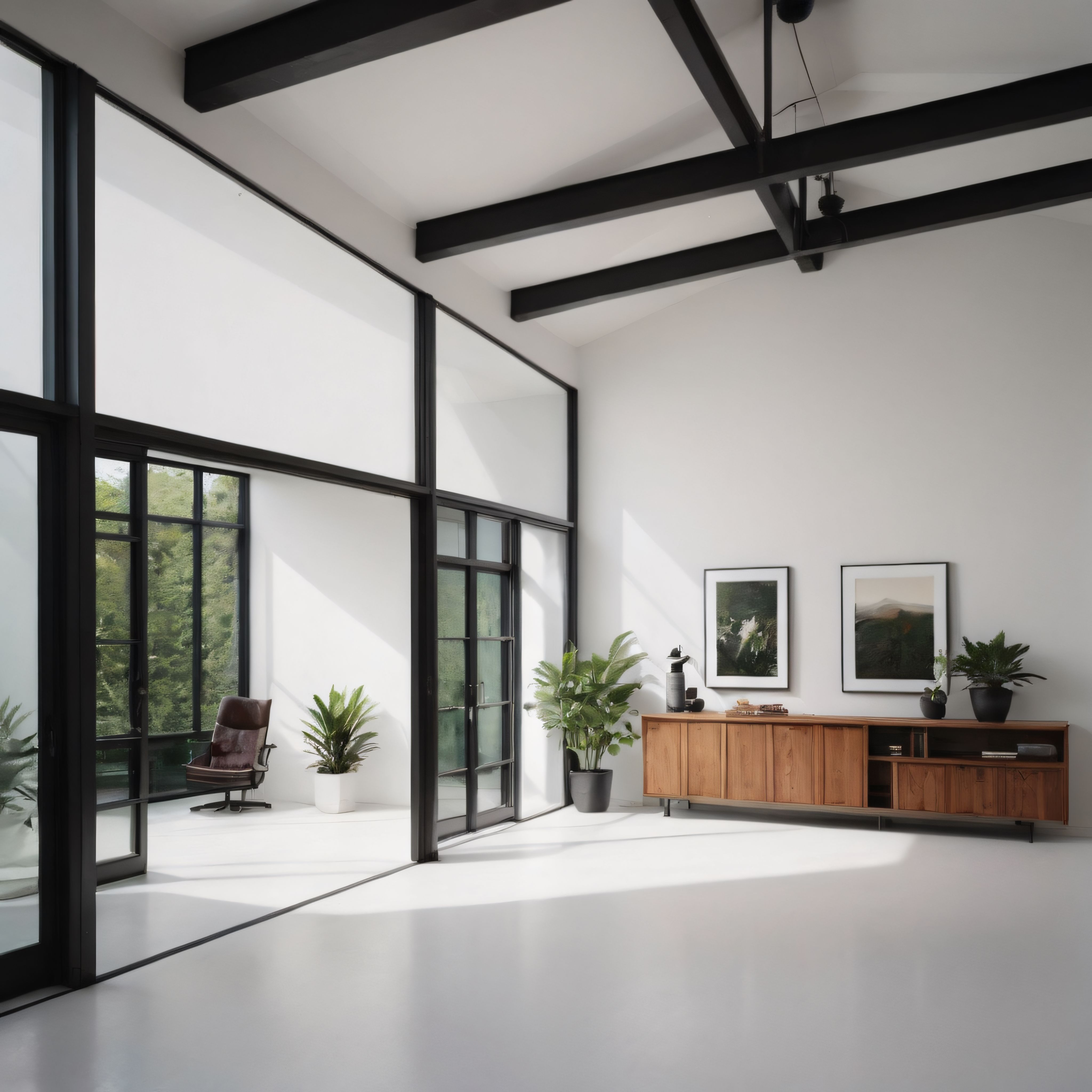 Büyük Camlı Yüksek Tavanlı Modern Minimalist Loft Salon ve Yaşam Alanı Tasarımı
