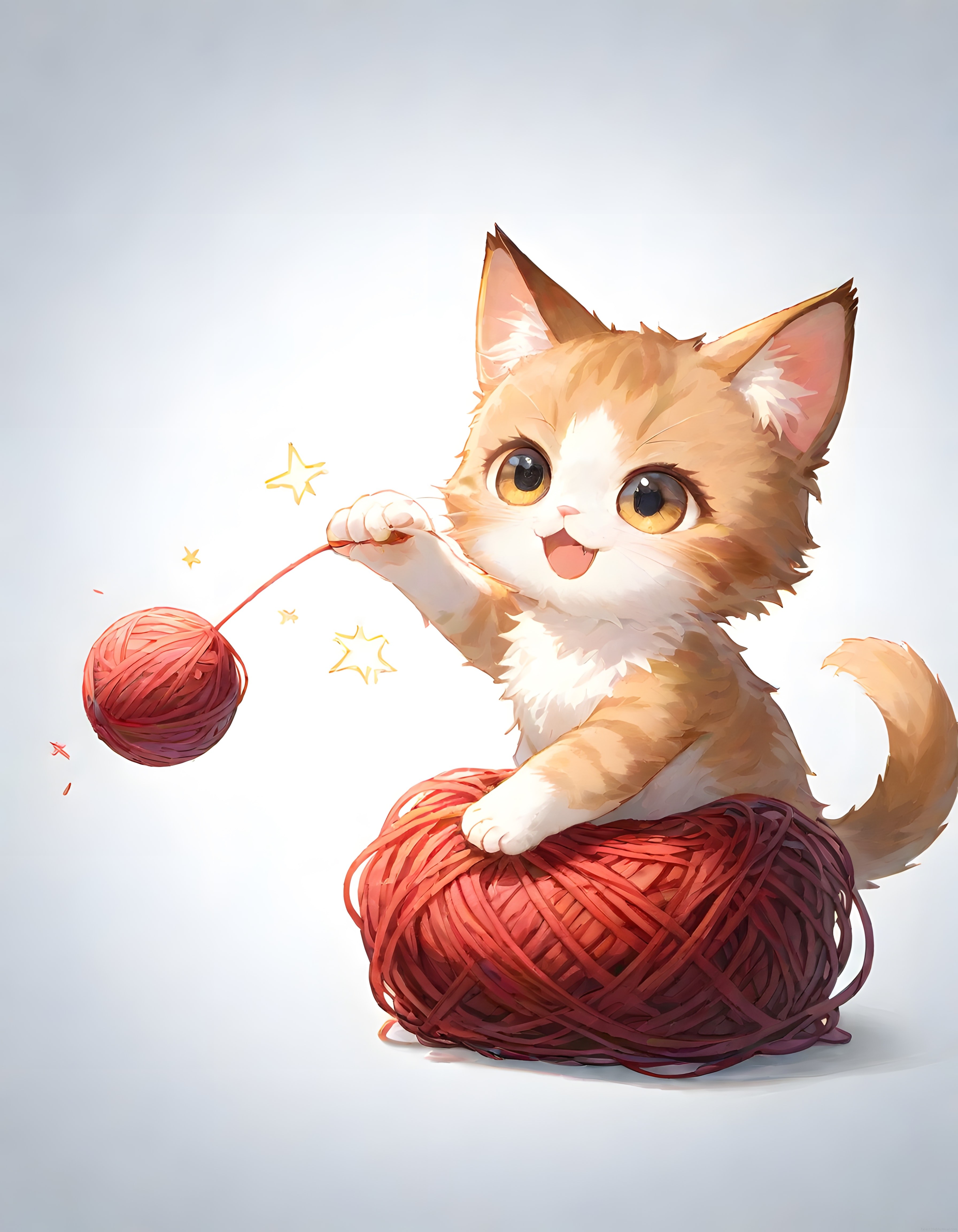 Büyük gözleriyle sevimli anime kedi yavrusunun kırmızı ip yumaklarıyla oyunu
