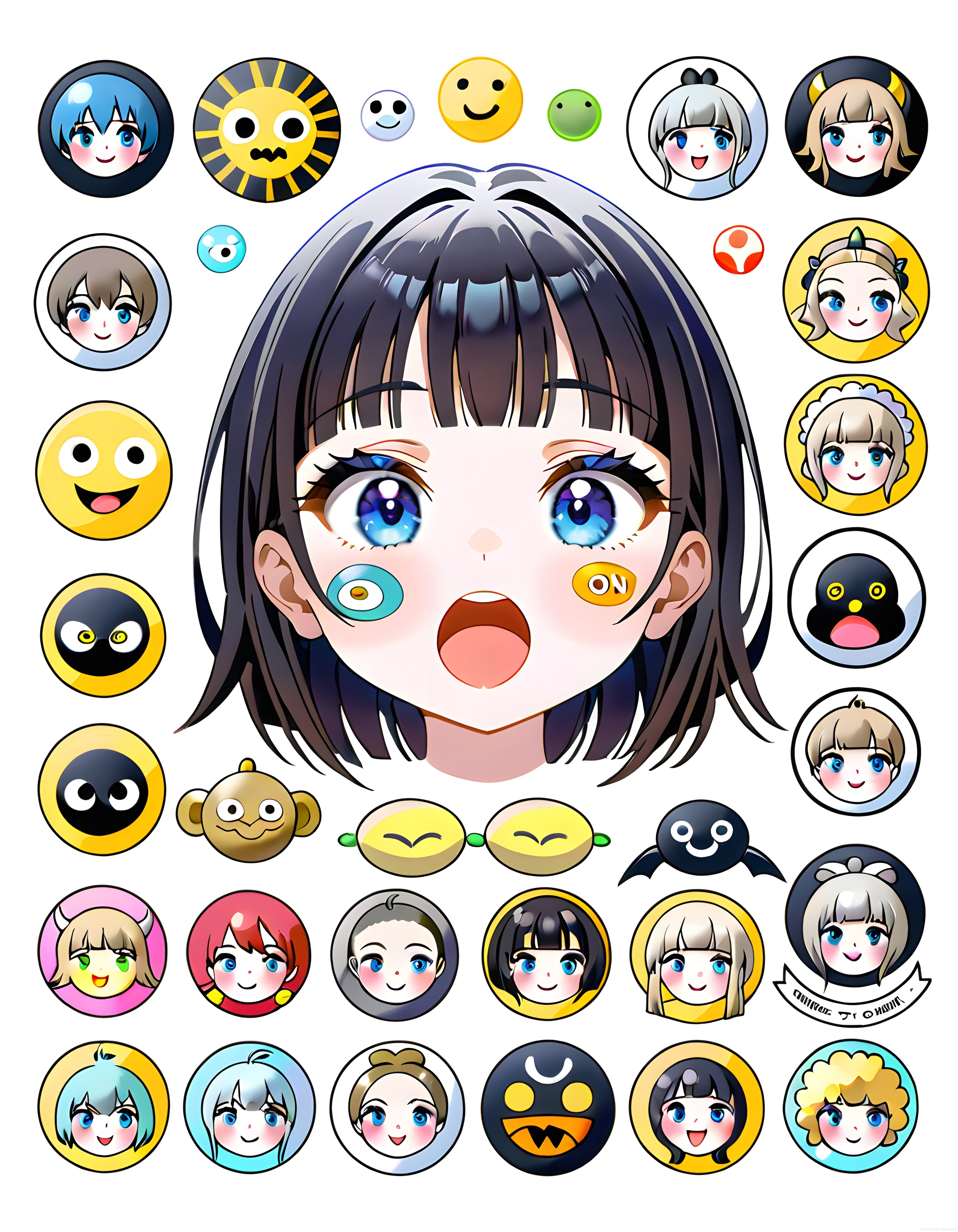 Büyük Gözlü Anime Karakter ve Etrafındaki Renkli Emoji Avatar İkonlarından Oluşan Dijital Çizim