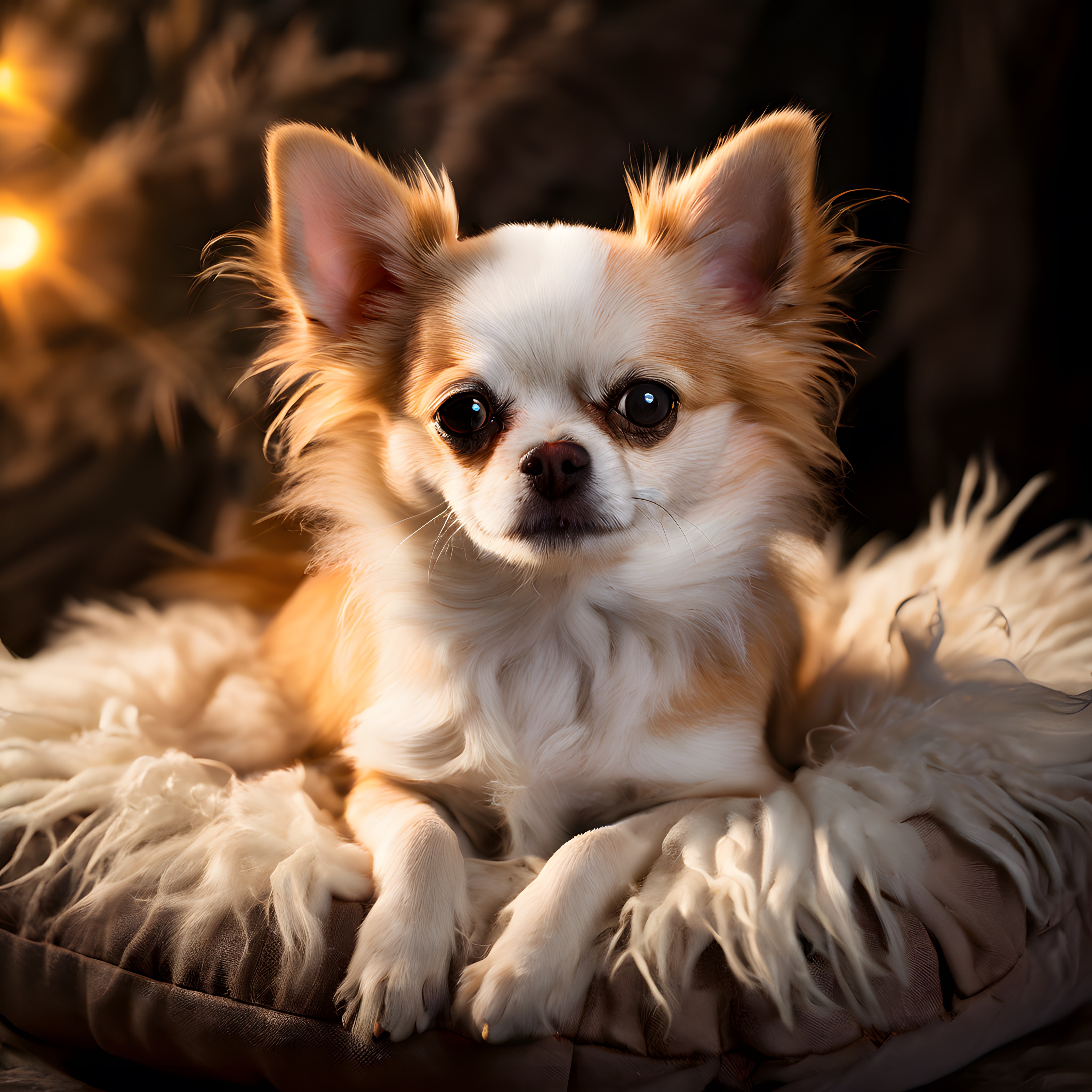 Büyük Gözlü Chihuahua Köpeği Sıcak Mum Işığında Tüylü Yatakta Dinleniyor