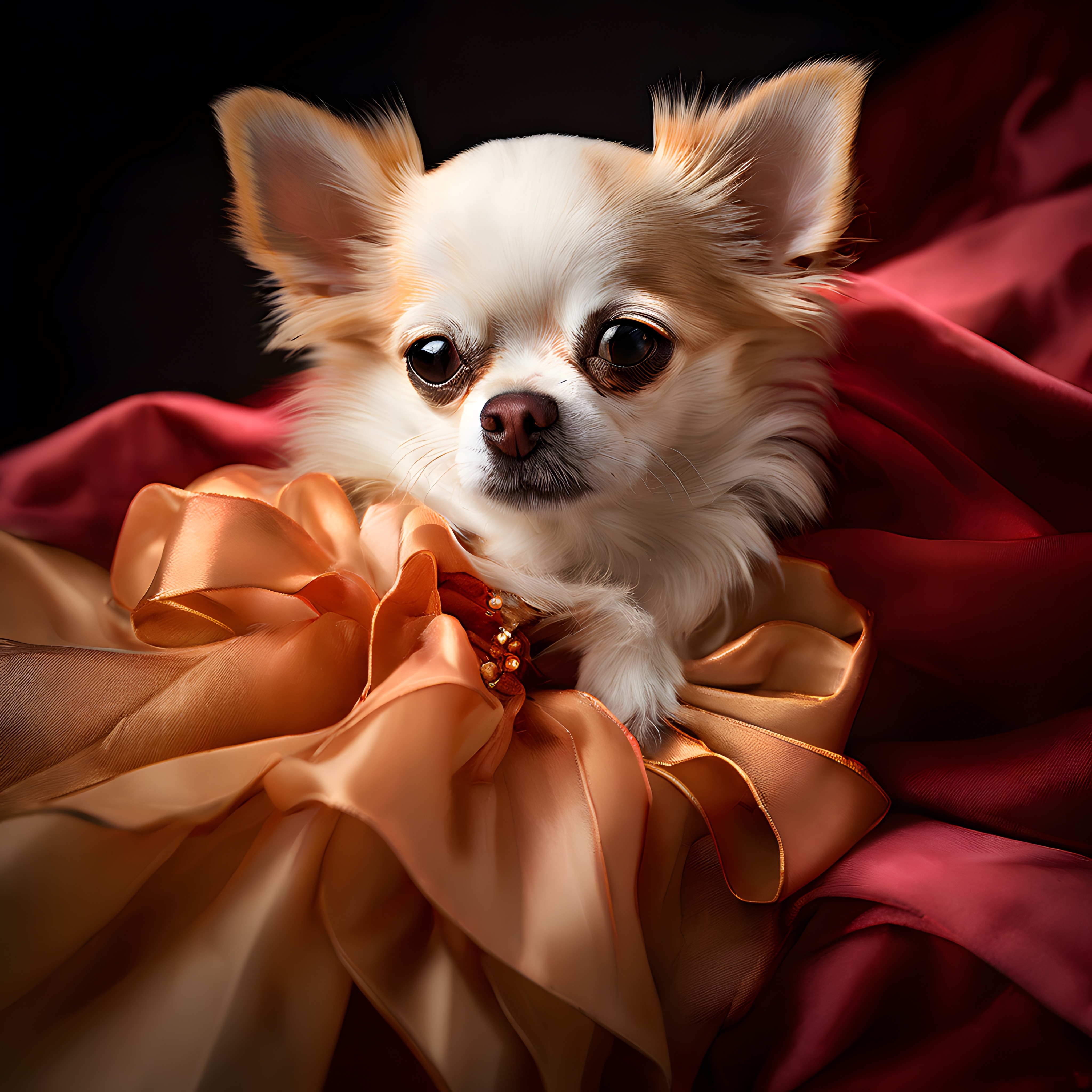 Büyük Gözlü Chihuahua Portresi: Saten Kumaşlar Arasında Zarif ve Masum Köpek