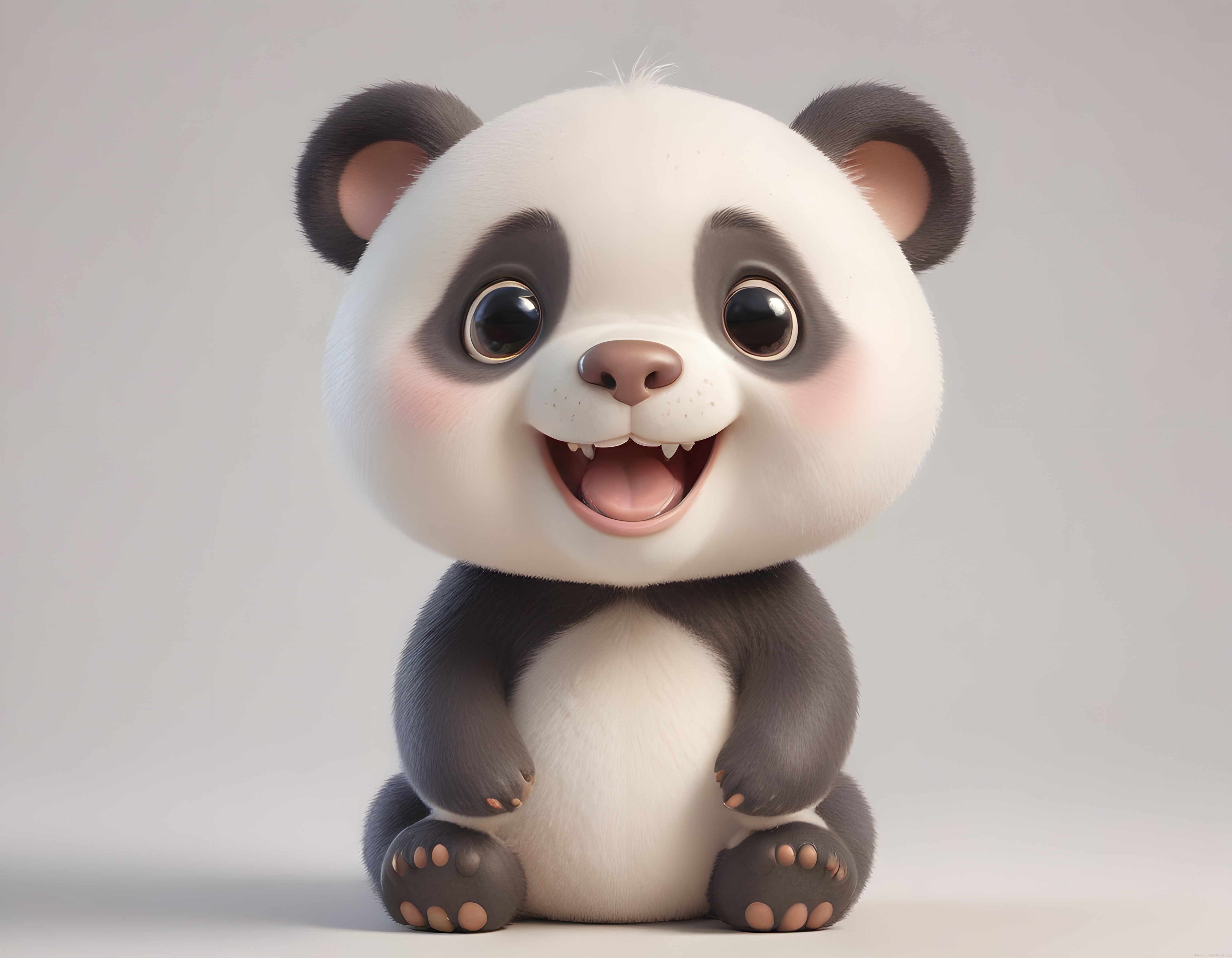 Büyük gözlü gülümseyen sevimli 3D panda karakteri ve pelüş oyuncak