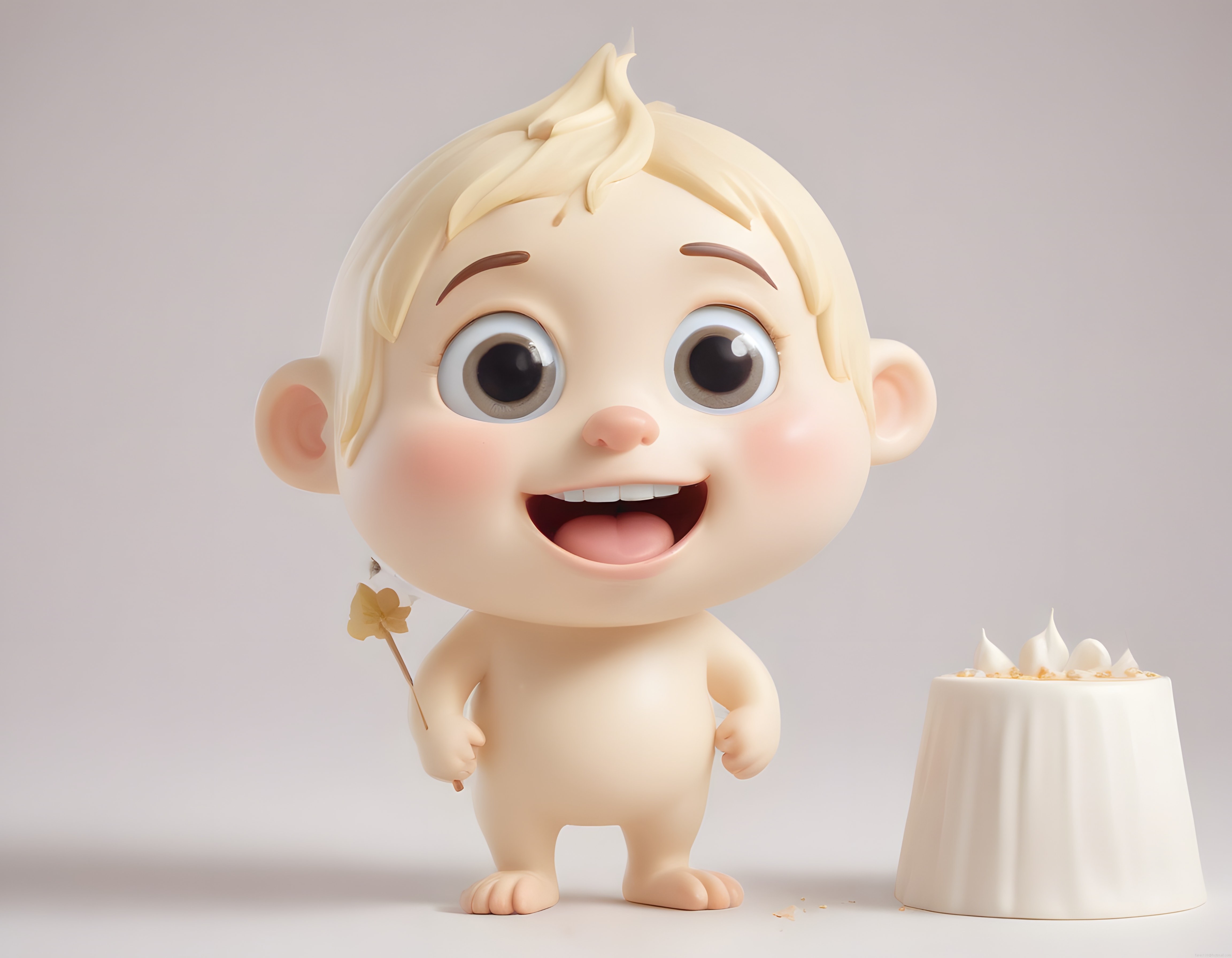 Büyük gözlü sevimli 3D animasyon bebek figürü ve yanında mini pasta