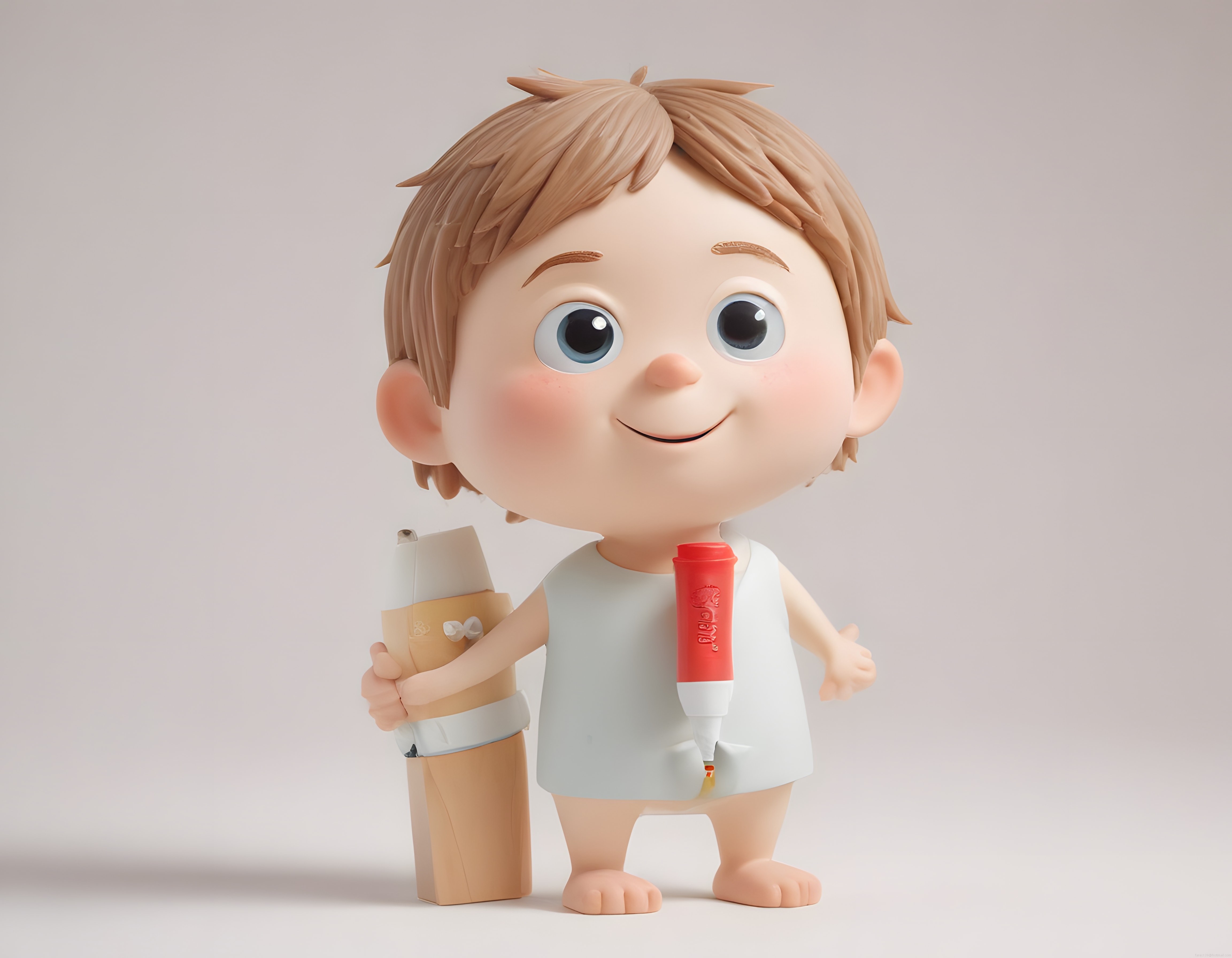 Büyük gözlü sevimli 3D çizgi film çocuk karakteri ve ahşap oyuncak blokları