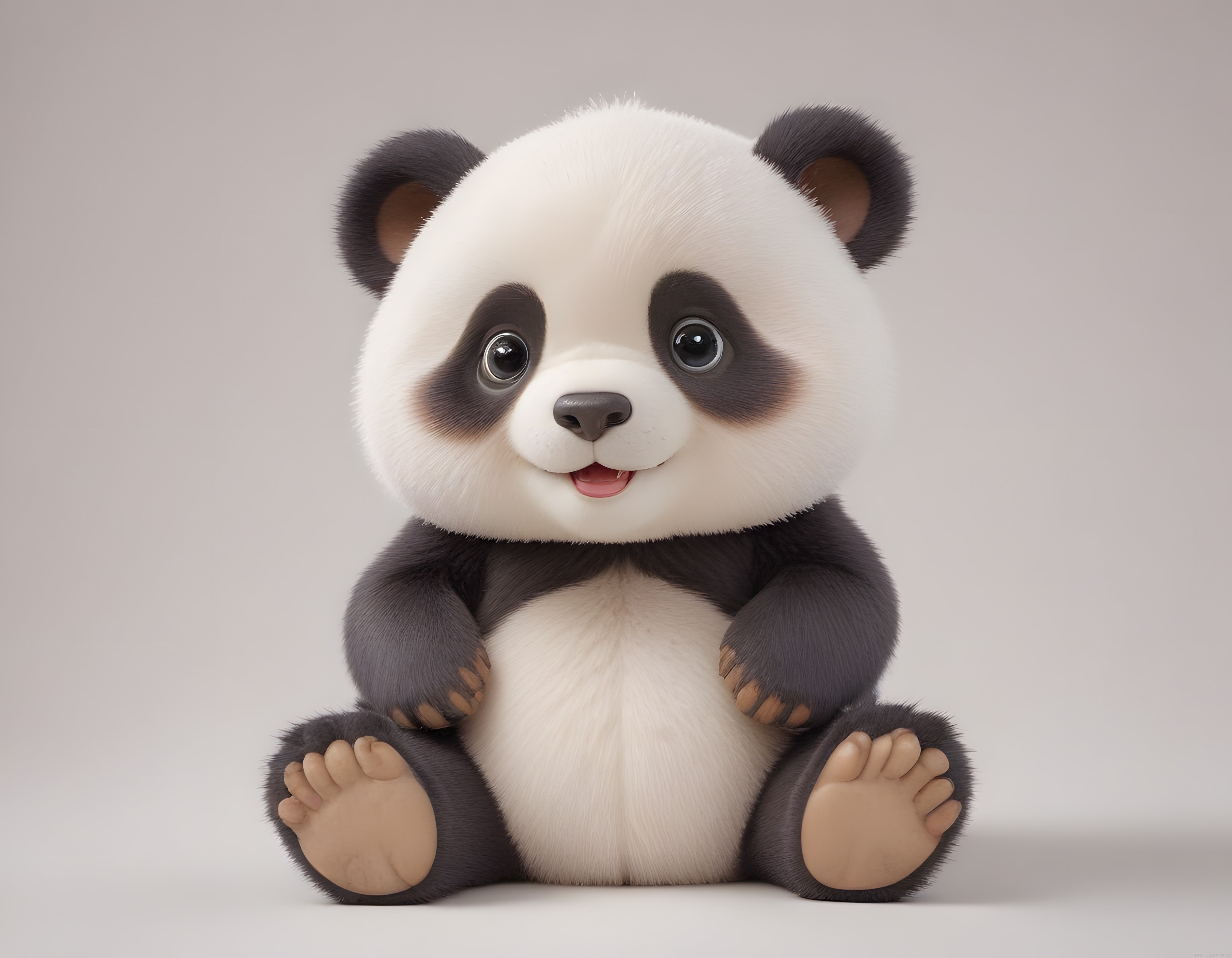 Büyük Gözlü Sevimli 3D Panda Karakteri Beyaz Studyo Arka Planında Otururken