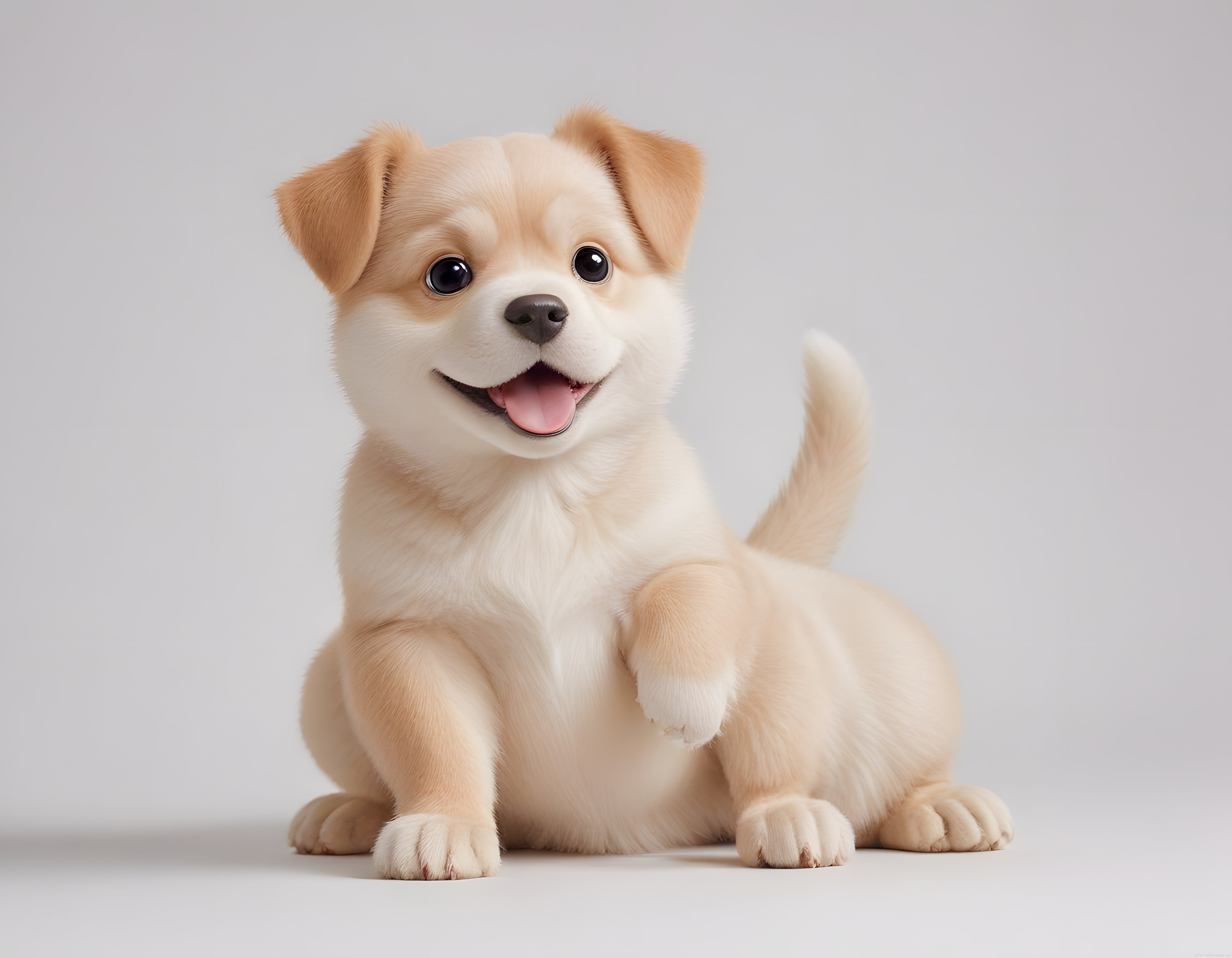 Büyük gözlü sevimli animasyon yavru köpek karakteri beyaz arka planda