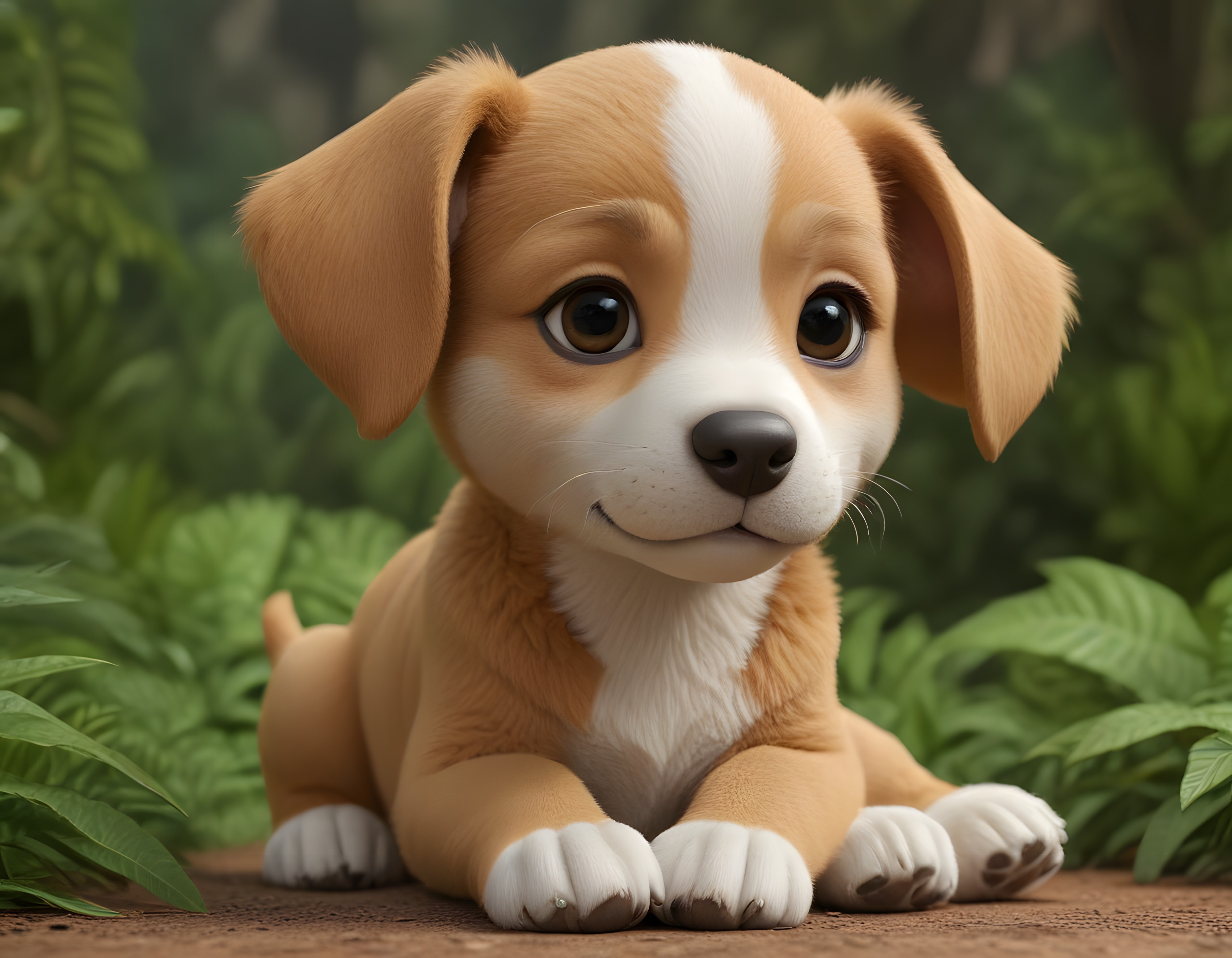 Büyük Gözlü Sevimli Animasyon Yavru Köpek Yeşil Orman Arka Planında Poz Veriyor