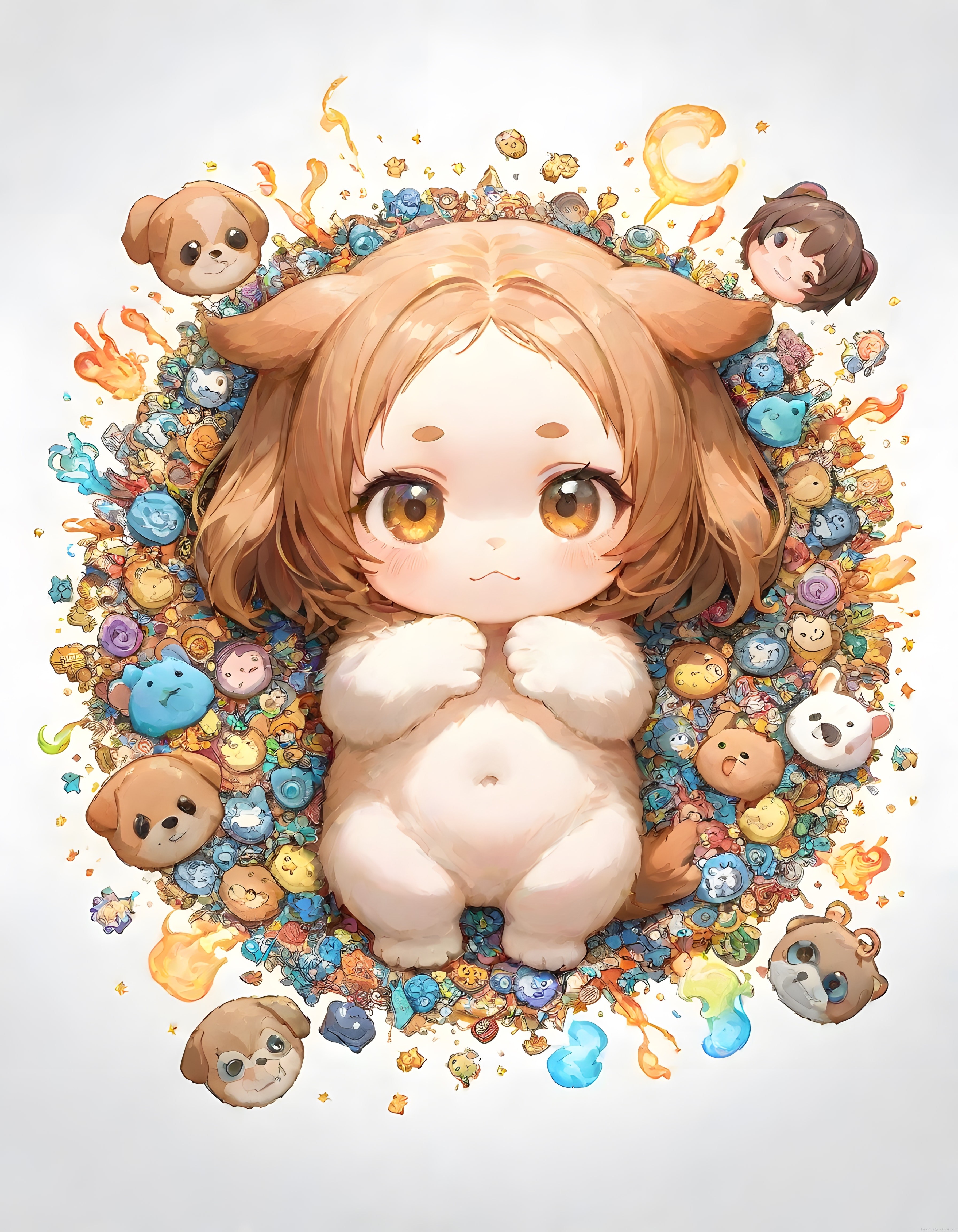 Büyük Gözlü Sevimli Anime Karakter ve Renkli Oyuncaklarıyla Dijital İllüstrasyon