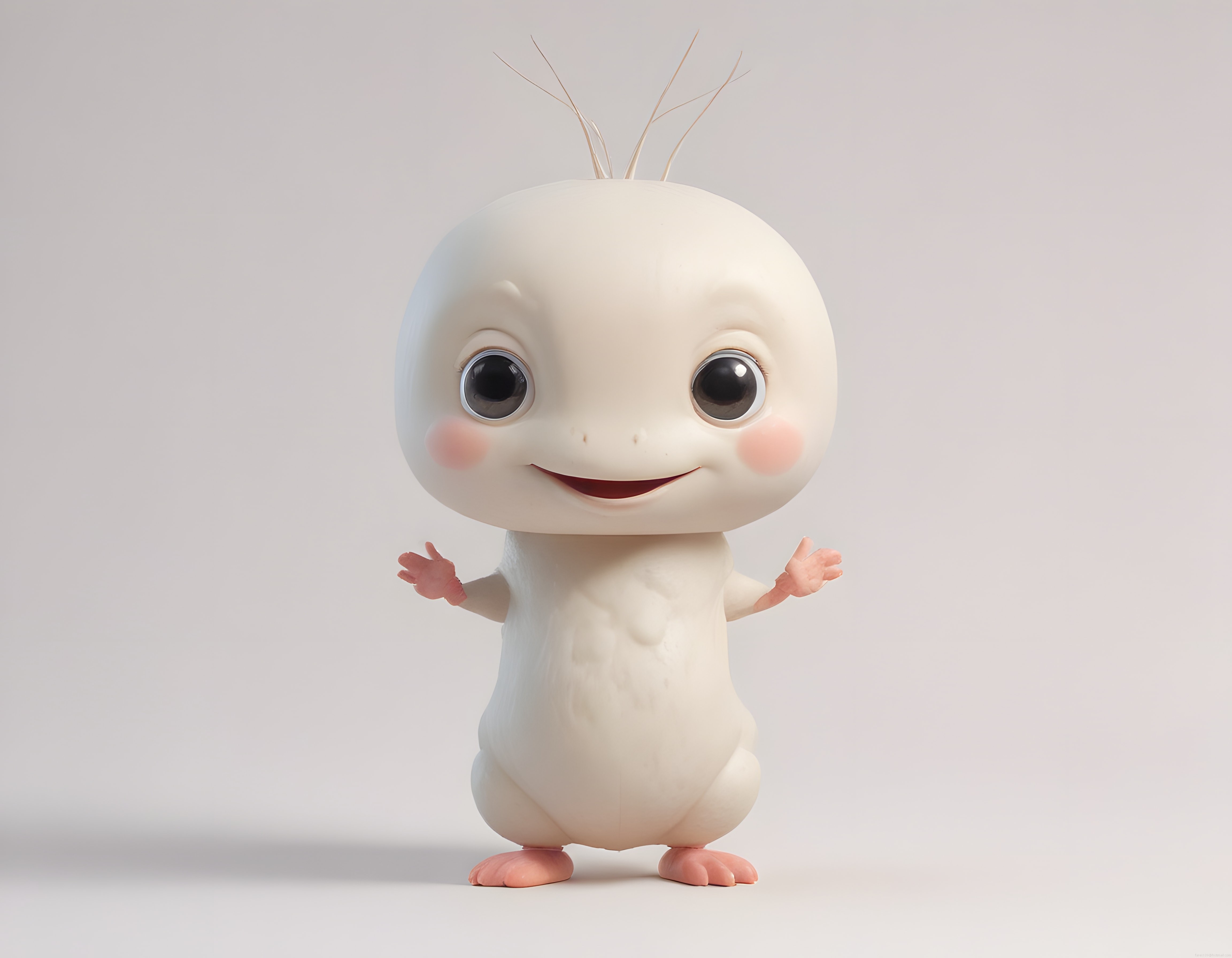 Büyük Gözlü Sevimli Beyaz 3D Maskot Karakteri ve Neşeli Gülümsemesi