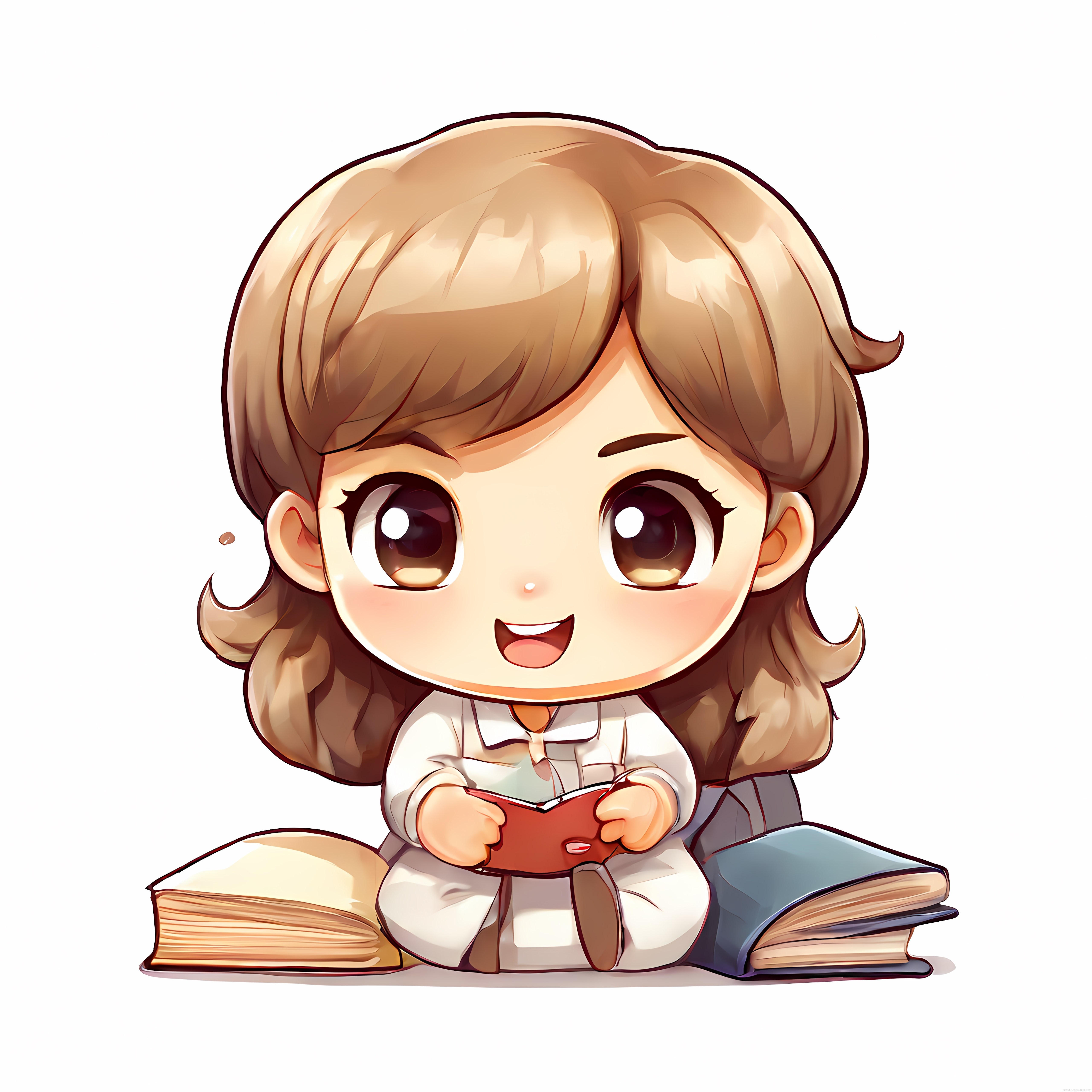 Büyük Gözlü Sevimli Chibi Kız Kitap Okurken Dijital Anime Çizim