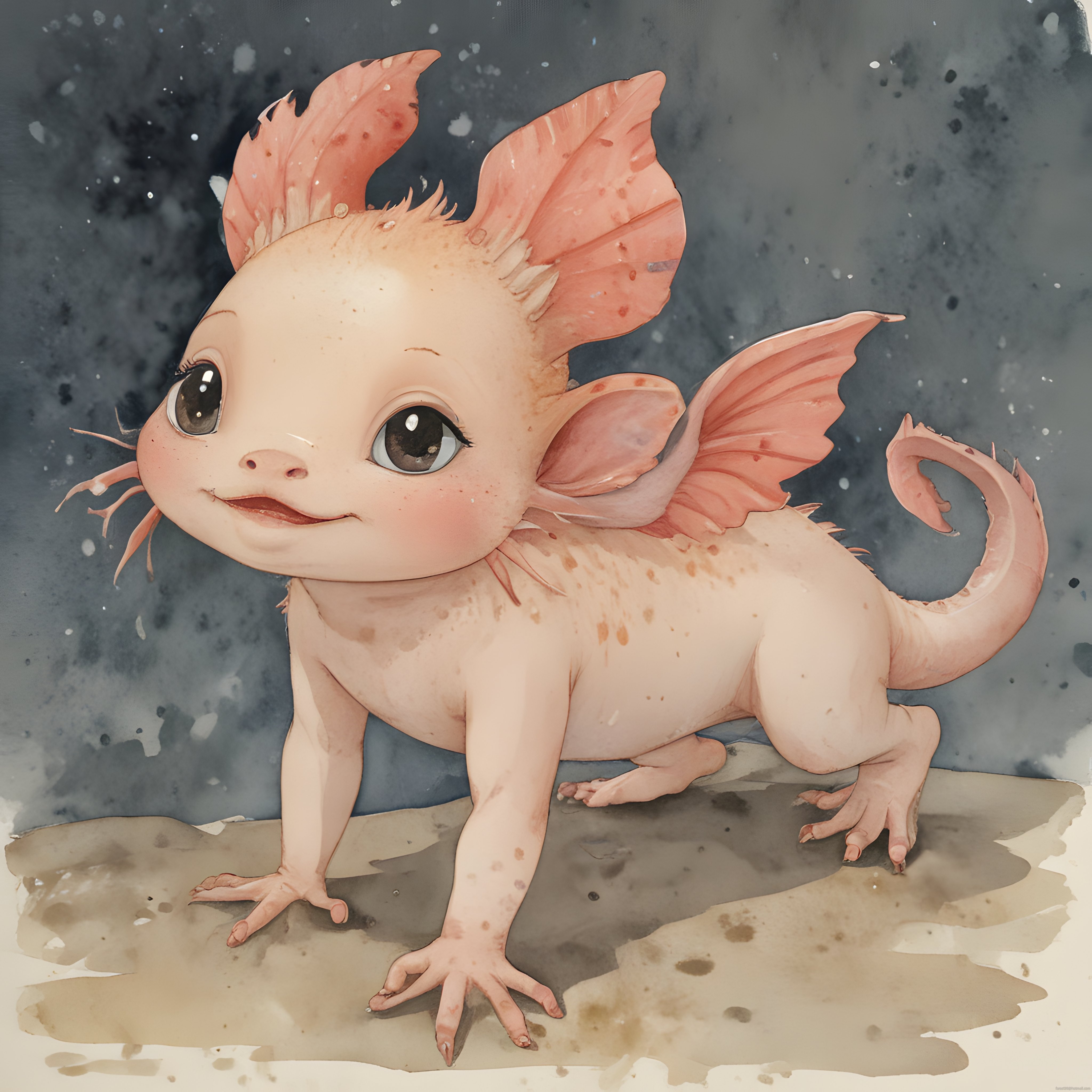 Büyük Gözlü Sevimli Fantastik Axolotl Ejderha Yaratığı Dijital İllüstrasyon