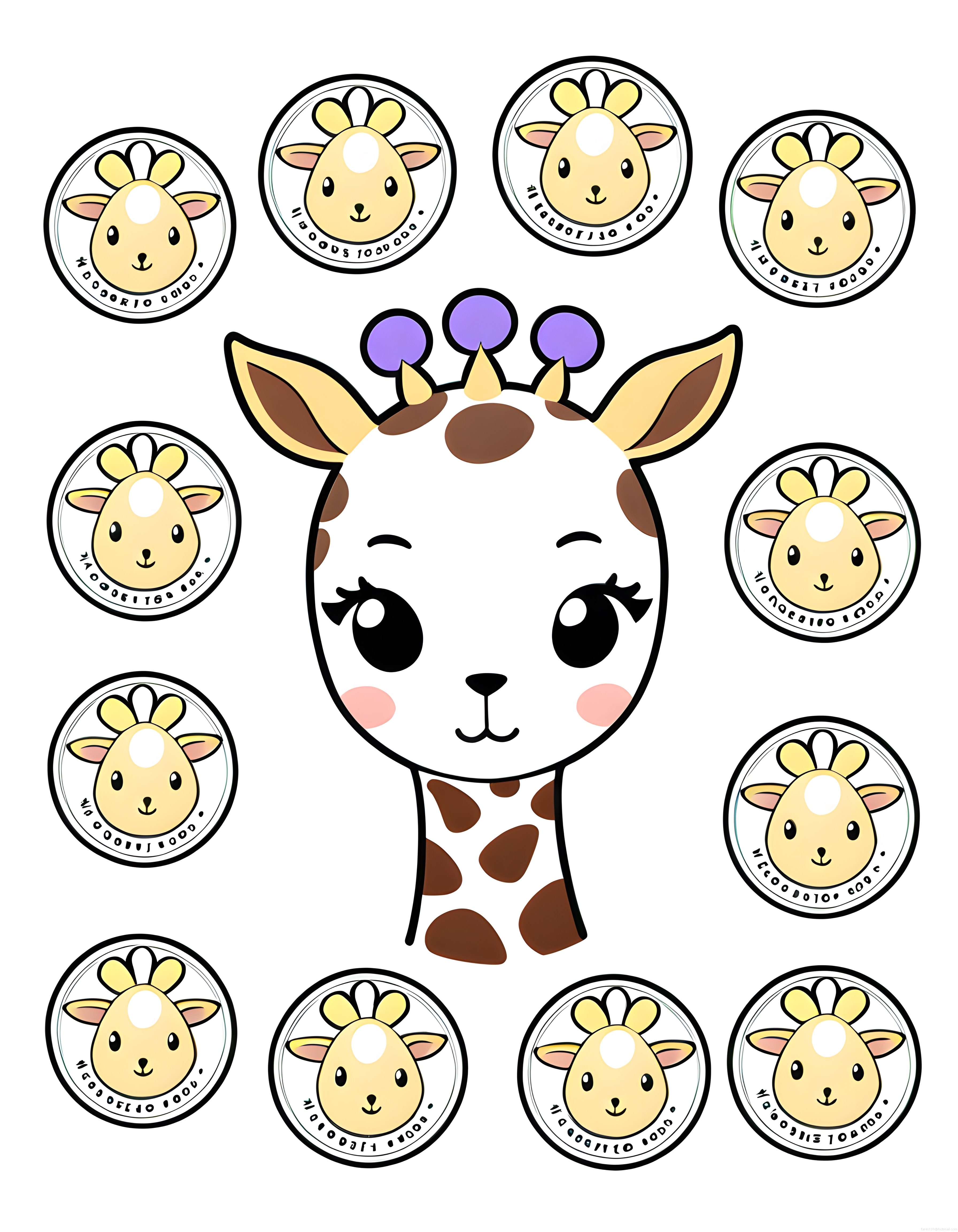 Büyük Gözlü Sevimli Geyik Maskotu ve Çevresindeki Kawaii Rozet Çizim Seti