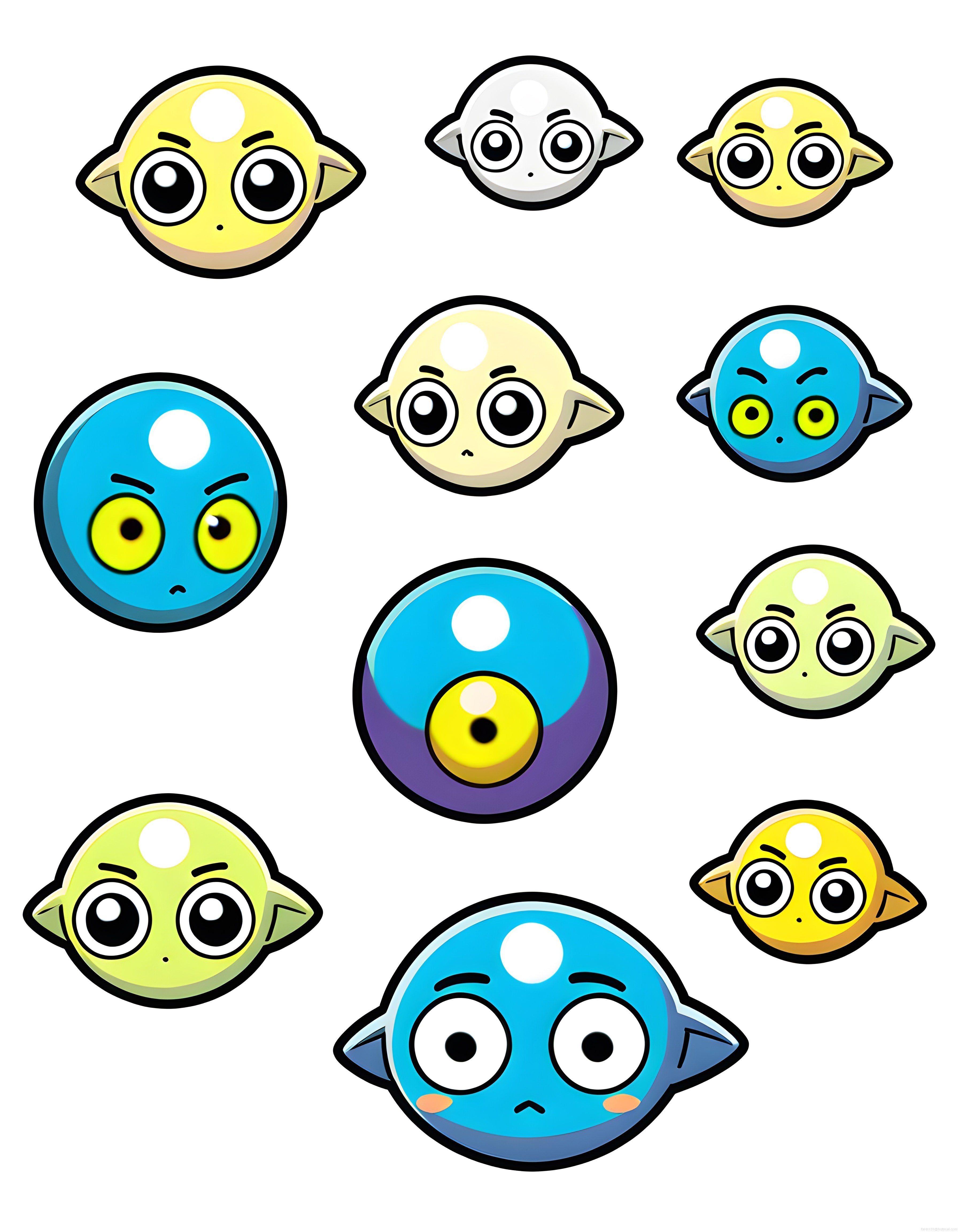Büyük gözlü sevimli yaratık karakterleri ve dijital emoji seti illüstrasyonu